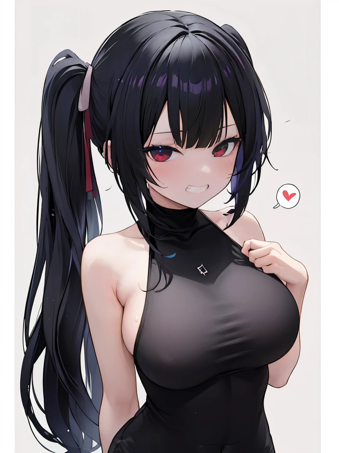 ((highest quality)), ((masterpiece)), (become familiar with), perfect face,black blue hair,long twin tails,Dark red eyes with low saturation,Drooping eyes,grin,ridicule,look down,lewd,sensational look,flushed cheeks,sweaty body,leaning forward,Show the whole body,sleeveless blouse,black skinny pants,