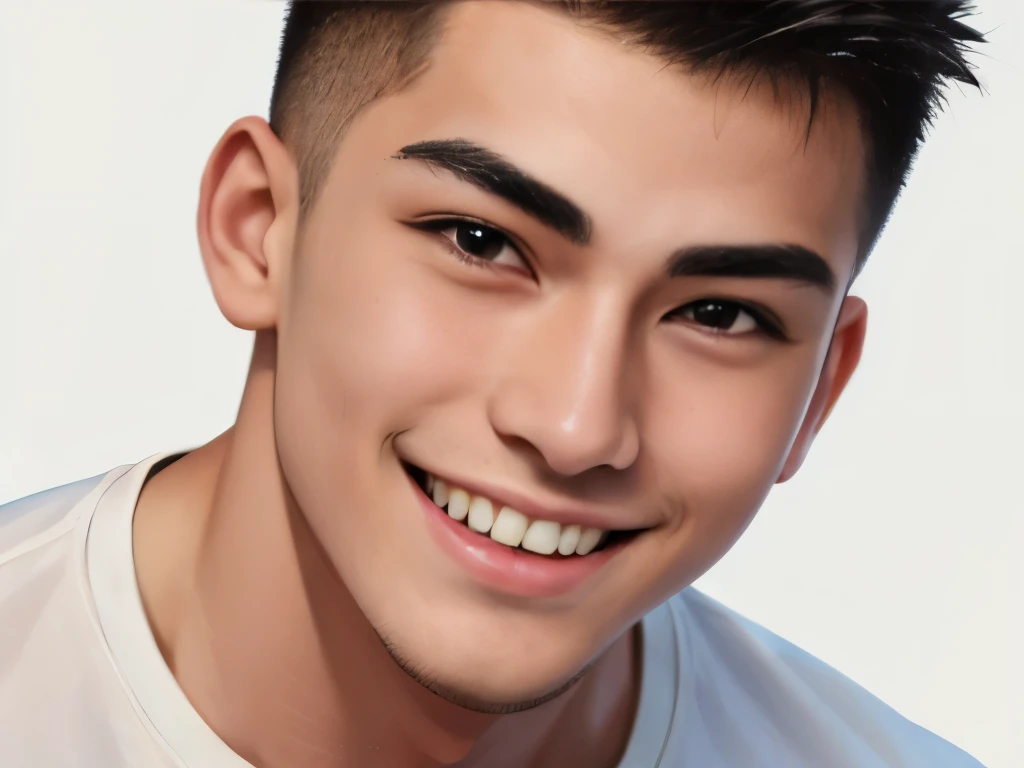 20 year old young man , (Crew Cut Hairstyle: 1.3 ), black hair, short hair details, burly handsome man , (White shirt, round neck, short sleeves: 1.3) ,White swimming trunks, stalwart, handsome, outdoor, Take a shower with steam., hot spring, Onsen, sweat, Look at the viewer., depth of field, Bokeh, Detailed background, Detailed light, Diffused natural sunlight, Skin glows naturally, Symmetrical eyes, Big smile