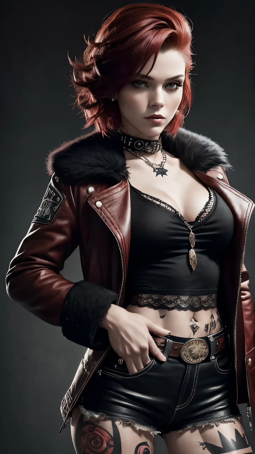 A Woman, ((Punk Style)), (80's) , 25 years old woman, Short red hair, Tattoos, Fur Jacket, Wearing black Shirt, Skinny, Looking at viewer, Arrogant expression, (((Masterpiece, Semirealistic, Cowboy shoot, Good expression, Good anatomy, Good pose))).