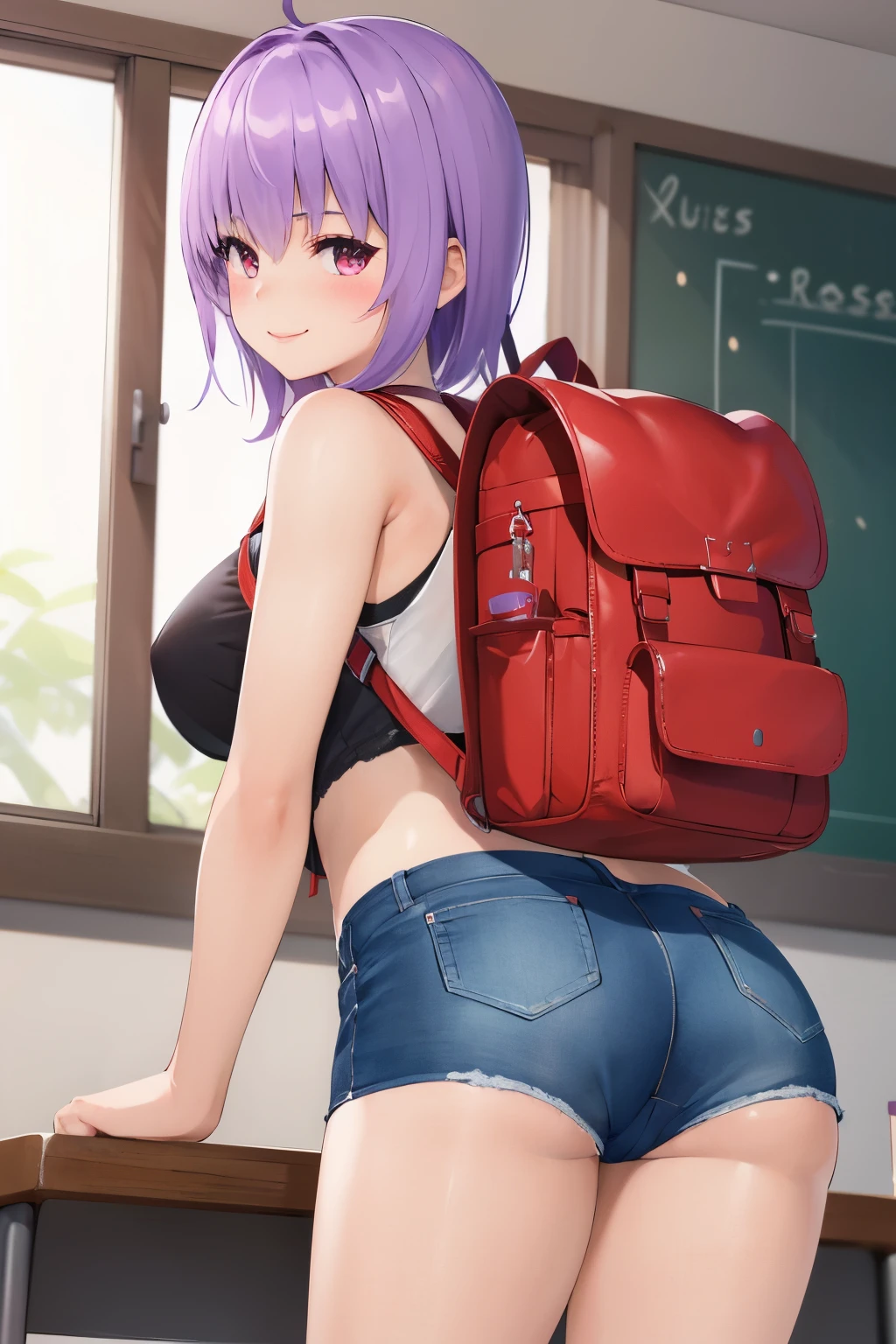 Ayane, 1 girl, smile, blush cheeks, classroom,  10 years old, primary school student, , , camisole, hot pants, Wearing a red randoseru backpack, (randoseru backpack:1.2), cross your arms behind your back,