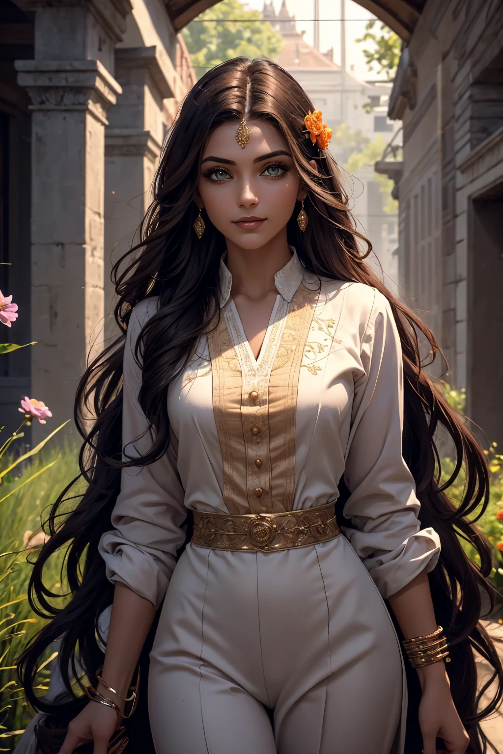 A stunning Indian beauty, with dark brown-black long wavy long hair, with mesmerizing feature with a Hopeful smiling expression, finely detailed eyes, happy mood masterpiece, top quality, best quality, official art, beautiful and aesthetic:1.2), (1girl), extreme detailed,(fractal art:1.3), colorful, highest detailed, (masterpiece, best quality:1.3) 1 bright-green-eyed woman, professional digital painting, Unreal Engine 5. In a 1920 setting, holding lavender flowers at a Lavender flower farm, wearing 1930 style clothing, South-Indian woman, olive-skinned woman, masterpiece, top quality, best quality, official art, beautiful and aesthetic:1.2), (1girl), extreme detailed,(fractal art:1.3), colorful, highest detailed, (masterpiece, best quality:1.3) 1 green-eyed woman, professional digital painting, Unreal Engine 5. Wearing embroidered linen blouse, Wearing long pleated skirt, Wearing Moleskin Field Jacket. Long hair, hopeful expression, finely detailed eyes, smiling, epic scene, epic composition, Cinematic Lighting, Volumetric Lighting, ethereal light, intricate details, extremely detailed volumetric rays. Green Eyes. [Beautiful girl, linen shirt and pants, oil painting, Detailed facial features, Sunlight, bright colors, dramatic lighting, expressive eyes and lips, High Resolution, 4K quality, Photorealistic] 1920 clothing, 1930 clothing, red, orange, yellow, blue, purple, pink,

