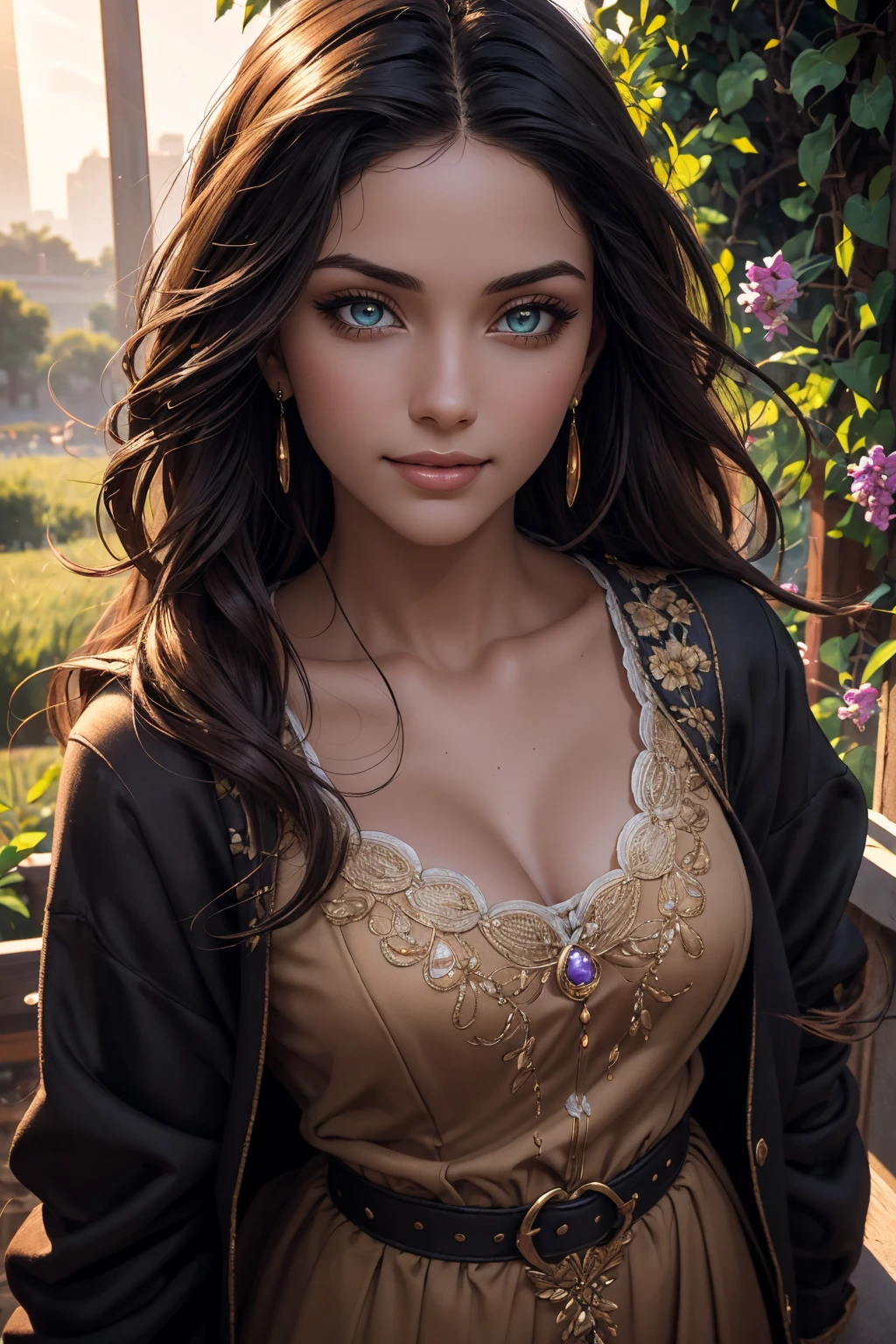 A stunning Indian beauty, with dark brown-black long wavy long hair, with mesmerizing feature with a Hopeful smiling expression, finely detailed eyes, happy mood masterpiece, top quality, best quality, official art, beautiful and aesthetic:1.2), (1girl), extreme detailed,(fractal art:1.3), colorful, highest detailed, (masterpiece, best quality:1.3) 1 bright-green-eyed woman, professional digital painting, Unreal Engine 5. In a 1920 setting, holding lavender flowers at a Lavender flower farm, wearing 1930 style clothing, South-Indian woman, olive-skinned woman, masterpiece, top quality, best quality, official art, beautiful and aesthetic:1.2), (1girl), extreme detailed,(fractal art:1.3), colorful, highest detailed, (masterpiece, best quality:1.3) 1 green-eyed woman, professional digital painting, Unreal Engine 5. Wearing embroidered linen blouse, Wearing long pleated skirt, Wearing Moleskin Field Jacket. Long hair, hopeful expression, finely detailed eyes, smiling, epic scene, epic composition, Cinematic Lighting, Volumetric Lighting, ethereal light, intricate details, extremely detailed volumetric rays. Green Eyes. [Beautiful girl, linen shirt and pants, oil painting, Detailed facial features, Sunlight, bright colors, dramatic lighting, expressive eyes and lips, High Resolution, 4K quality, Photorealistic] 1920 clothing, 1930 clothing, red, orange, yellow, blue, purple, pink,
