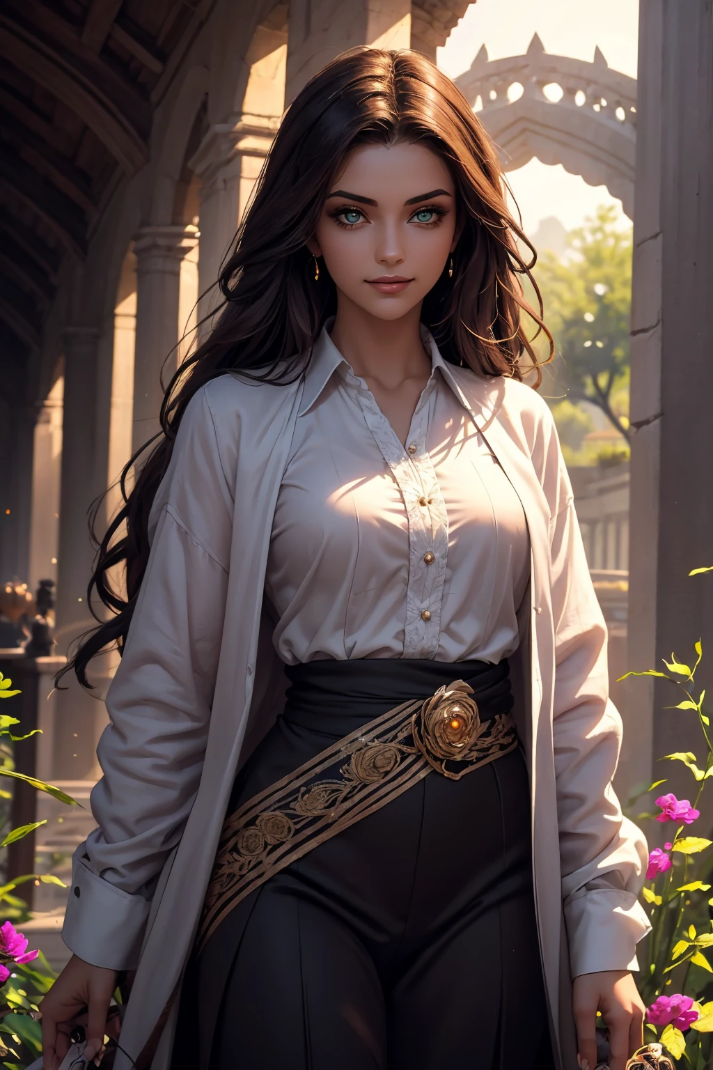 A stunning Indian beauty, with dark brown-black long wavy long hair, with mesmerizing feature with a Hopeful smiling expression, finely detailed eyes, happy mood masterpiece, top quality, best quality, official art, beautiful and aesthetic:1.2), (1girl), extreme detailed,(fractal art:1.3), colorful, highest detailed, (masterpiece, best quality:1.3) 1 bright-green-eyed woman, professional digital painting, Unreal Engine 5. In a 1920 setting, holding lavender flowers at a Lavender flower farm, wearing 1930 style clothing, South-Indian woman, olive-skinned woman, masterpiece, top quality, best quality, official art, beautiful and aesthetic:1.2), (1girl), extreme detailed,(fractal art:1.3), colorful, highest detailed, (masterpiece, best quality:1.3) 1 green-eyed woman, professional digital painting, Unreal Engine 5. Wearing embroidered linen blouse, Wearing long pleated skirt, Wearing Moleskin Field Jacket. Long hair, hopeful expression, finely detailed eyes, smiling, epic scene, epic composition, Cinematic Lighting, Volumetric Lighting, ethereal light, intricate details, extremely detailed volumetric rays. Green Eyes. [Beautiful girl, linen shirt and pants, oil painting, Detailed facial features, Sunlight, bright colors, dramatic lighting, expressive eyes and lips, High Resolution, 4K quality, Photorealistic] 1920 clothing, 1930 clothing, red, orange, yellow, blue, purple, pink,
