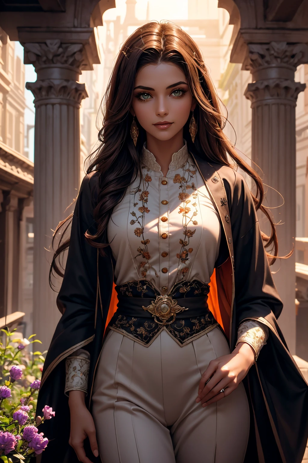 A stunning Indian beauty, with dark brown-black long wavy long hair, with mesmerizing feature with a Hopeful smiling expression, finely detailed eyes, happy mood masterpiece, top quality, best quality, official art, beautiful and aesthetic:1.2), (1girl), extreme detailed,(fractal art:1.3), colorful, highest detailed, (masterpiece, best quality:1.3) 1 bright-green-eyed woman, professional digital painting, Unreal Engine 5. In a 1920 setting, holding lavender flowers at a Lavender flower farm, wearing 1930 style clothing, South-Indian woman, olive-skinned woman, masterpiece, top quality, best quality, official art, beautiful and aesthetic:1.2), (1girl), extreme detailed,(fractal art:1.3), colorful, highest detailed, (masterpiece, best quality:1.3) 1 green-eyed woman, professional digital painting, Unreal Engine 5. Wearing embroidered linen blouse, Wearing long pleated skirt, Wearing Moleskin Field Jacket. Long hair, hopeful expression, finely detailed eyes, smiling, epic scene, epic composition, Cinematic Lighting, Volumetric Lighting, ethereal light, intricate details, extremely detailed volumetric rays. Green Eyes. [Beautiful girl, linen shirt and pants, oil painting, Detailed facial features, Sunlight, bright colors, dramatic lighting, expressive eyes and lips, High Resolution, 4K quality, Photorealistic] 1920 clothing, 1930 clothing, red, orange, yellow, blue, purple, pink,
