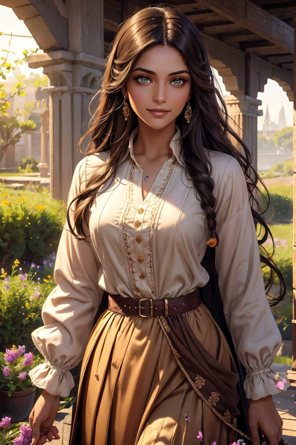 A stunning Indian beauty, with dark brown-black long wavy long hair, with mesmerizing feature with a Hopeful smiling expression, finely detailed eyes, happy mood masterpiece, top quality, best quality, official art, beautiful and aesthetic:1.2), (1girl), extreme detailed,(fractal art:1.3), colorful, highest detailed, (masterpiece, best quality:1.3) 1 bright-green-eyed woman, professional digital painting, Unreal Engine 5. In a 1920 setting, holding lavender flowers at a Lavender flower farm, wearing 1930 style clothing, South-Indian woman, olive-skinned woman, masterpiece, top quality, best quality, official art, beautiful and aesthetic:1.2), (1girl), extreme detailed,(fractal art:1.3), colorful, highest detailed, (masterpiece, best quality:1.3) 1 green-eyed woman, professional digital painting, Unreal Engine 5. Wearing embroidered linen blouse, Wearing long pleated skirt, Wearing Moleskin Field Jacket. Long hair, hopeful expression, finely detailed eyes, smiling, epic scene, epic composition, Cinematic Lighting, Volumetric Lighting, ethereal light, intricate details, extremely detailed volumetric rays. Green Eyes. [Beautiful girl, linen shirt and pants, oil painting, Detailed facial features, Sunlight, bright colors, dramatic lighting, expressive eyes and lips, High Resolution, 4K quality, Photorealistic] 1920 clothing, 1930 clothing, red, orange, yellow, blue, purple, pink,
