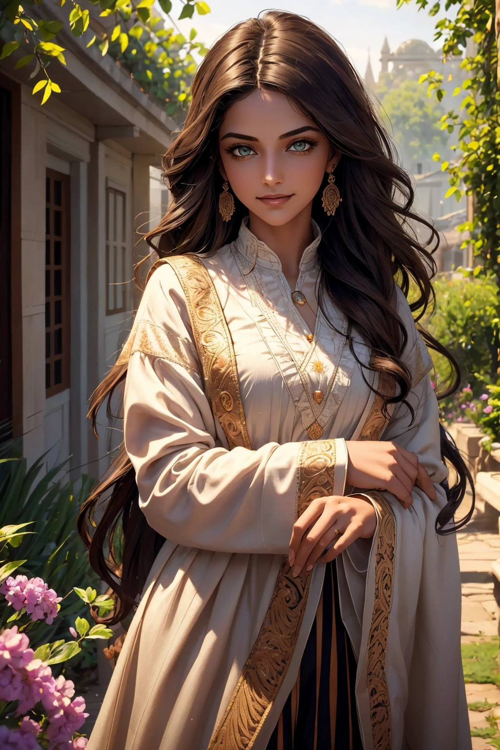 A stunning Indian beauty, with dark brown-black long wavy long hair, with mesmerizing feature with a Hopeful smiling expression, finely detailed eyes, happy mood masterpiece, top quality, best quality, official art, beautiful and aesthetic:1.2), (1girl), extreme detailed,(fractal art:1.3), colorful, highest detailed, (masterpiece, best quality:1.3) 1 bright-green-eyed woman, professional digital painting, Unreal Engine 5. In a 1920 setting, holding lavender flowers at a Lavender flower farm, wearing 1930 style clothing, South-Indian woman, olive-skinned woman, masterpiece, top quality, best quality, official art, beautiful and aesthetic:1.2), (1girl), extreme detailed,(fractal art:1.3), colorful, highest detailed, (masterpiece, best quality:1.3) 1 green-eyed woman, professional digital painting, Unreal Engine 5. Wearing embroidered linen blouse, Wearing long pleated skirt, Wearing Moleskin Field Jacket. Long hair, hopeful expression, finely detailed eyes, smiling, epic scene, epic composition, Cinematic Lighting, Volumetric Lighting, ethereal light, intricate details, extremely detailed volumetric rays. Green Eyes. [Beautiful girl, linen shirt and pants, oil painting, Detailed facial features, Sunlight, bright colors, dramatic lighting, expressive eyes and lips, High Resolution, 4K quality, Photorealistic] 1920 clothing, 1930 clothing, red, orange, yellow, blue, purple, pink,
