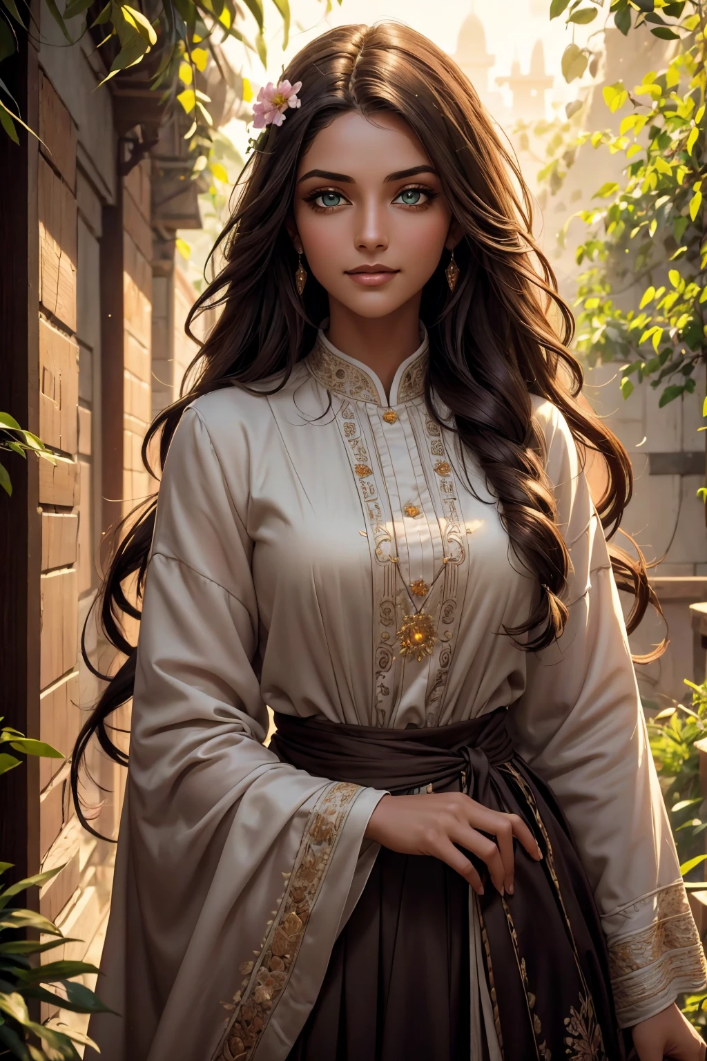 A stunning Indian beauty, with dark brown-black long wavy long hair, with mesmerizing feature with a Hopeful smiling expression, finely detailed eyes, happy mood masterpiece, top quality, best quality, official art, beautiful and aesthetic:1.2), (1girl), extreme detailed,(fractal art:1.3), colorful, highest detailed, (masterpiece, best quality:1.3) 1 bright-green-eyed woman, professional digital painting, Unreal Engine 5. In a 1920 setting, holding lavender flowers at a Lavender flower farm, wearing 1930 style clothing, South-Indian woman, olive-skinned woman, masterpiece, top quality, best quality, official art, beautiful and aesthetic:1.2), (1girl), extreme detailed,(fractal art:1.3), colorful, highest detailed, (masterpiece, best quality:1.3) 1 green-eyed woman, professional digital painting, Unreal Engine 5. Wearing embroidered linen blouse, Wearing long pleated skirt, Wearing Moleskin Field Jacket. Long hair, hopeful expression, finely detailed eyes, smiling, epic scene, epic composition, Cinematic Lighting, Volumetric Lighting, ethereal light, intricate details, extremely detailed volumetric rays. Green Eyes. [Beautiful girl, linen shirt and pants, oil painting, Detailed facial features, Sunlight, bright colors, dramatic lighting, expressive eyes and lips, High Resolution, 4K quality, Photorealistic] 1920 clothing, 1930 clothing, red, orange, yellow, blue, purple, pink,
