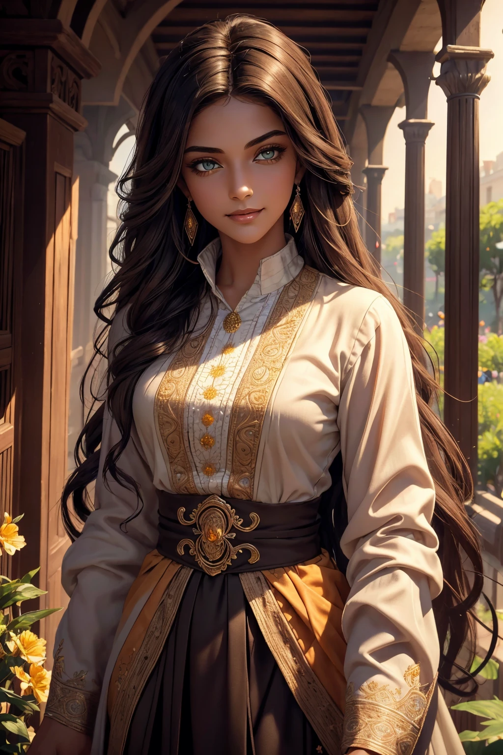 A stunning Indian beauty, with dark brown-black long wavy long hair, with mesmerizing feature with a Hopeful smiling expression, finely detailed eyes, happy mood masterpiece, top quality, best quality, official art, beautiful and aesthetic:1.2), (1girl), extreme detailed,(fractal art:1.3), colorful, highest detailed, (masterpiece, best quality:1.3) 1 bright-green-eyed woman, professional digital painting, Unreal Engine 5. In a 1920 setting, holding lavender flowers at a Lavender flower farm, wearing 1930 style clothing, South-Indian woman, olive-skinned woman, masterpiece, top quality, best quality, official art, beautiful and aesthetic:1.2), (1girl), extreme detailed,(fractal art:1.3), colorful, highest detailed, (masterpiece, best quality:1.3) 1 green-eyed woman, professional digital painting, Unreal Engine 5. Wearing embroidered linen blouse, Wearing long pleated skirt, Wearing Moleskin Field Jacket. Long hair, hopeful expression, finely detailed eyes, smiling, epic scene, epic composition, Cinematic Lighting, Volumetric Lighting, ethereal light, intricate details, extremely detailed volumetric rays. Green Eyes. [Beautiful girl, linen shirt and pants, oil painting, Detailed facial features, Sunlight, bright colors, dramatic lighting, expressive eyes and lips, High Resolution, 4K quality, Photorealistic] 1920 clothing, 1930 clothing, red, orange, yellow, blue, purple, pink,
