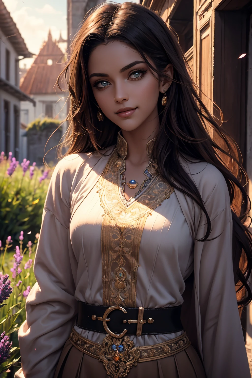 A stunning Indian beauty, with dark brown-black long wavy long hair, with mesmerizing feature with a Hopeful smiling expression, finely detailed eyes, happy mood masterpiece, top quality, best quality, official art, beautiful and aesthetic:1.2), (1girl), extreme detailed,(fractal art:1.3), colorful, highest detailed, (masterpiece, best quality:1.3) 1 bright-green-eyed woman, professional digital painting, Unreal Engine 5. In a 1920 setting, holding lavender flowers at a Lavender flower farm, wearing 1930 style clothing, South-Indian woman, olive-skinned woman, masterpiece, top quality, best quality, official art, beautiful and aesthetic:1.2), (1girl), extreme detailed,(fractal art:1.3), colorful, highest detailed, (masterpiece, best quality:1.3) 1 green-eyed woman, professional digital painting, Unreal Engine 5. Wearing embroidered linen blouse, Wearing long pleated skirt, Wearing Moleskin Field Jacket. Long hair, hopeful expression, finely detailed eyes, smiling, epic scene, epic composition, Cinematic Lighting, Volumetric Lighting, ethereal light, intricate details, extremely detailed volumetric rays. Green Eyes. [Beautiful girl, linen shirt and pants, oil painting, Detailed facial features, Sunlight, bright colors, dramatic lighting, expressive eyes and lips, High Resolution, 4K quality, Photorealistic] 1920 clothing, 1930 clothing, red, orange, yellow, blue, purple, pink,
