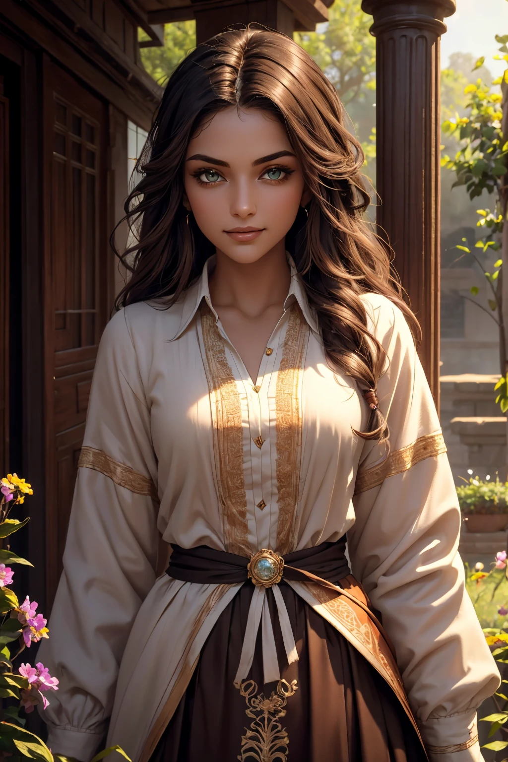 A stunning Indian beauty, with dark brown-black long wavy long hair, with mesmerizing feature with a Hopeful smiling expression, finely detailed eyes, happy mood masterpiece, top quality, best quality, official art, beautiful and aesthetic:1.2), (1girl), extreme detailed,(fractal art:1.3), colorful, highest detailed, (masterpiece, best quality:1.3) 1 bright-green-eyed woman, professional digital painting, Unreal Engine 5. In a 1920 setting, holding lavender flowers at a Lavender flower farm, wearing 1930 style clothing, South-Indian woman, olive-skinned woman, masterpiece, top quality, best quality, official art, beautiful and aesthetic:1.2), (1girl), extreme detailed,(fractal art:1.3), colorful, highest detailed, (masterpiece, best quality:1.3) 1 green-eyed woman, professional digital painting, Unreal Engine 5. Wearing embroidered linen blouse, Wearing long pleated skirt, Wearing Moleskin Field Jacket. Long hair, hopeful expression, finely detailed eyes, smiling, epic scene, epic composition, Cinematic Lighting, Volumetric Lighting, ethereal light, intricate details, extremely detailed volumetric rays. Green Eyes. [Beautiful girl, linen shirt and pants, oil painting, Detailed facial features, Sunlight, bright colors, dramatic lighting, expressive eyes and lips, High Resolution, 4K quality, Photorealistic] 1920 clothing, 1930 clothing, red, orange, yellow, blue, purple, pink,
