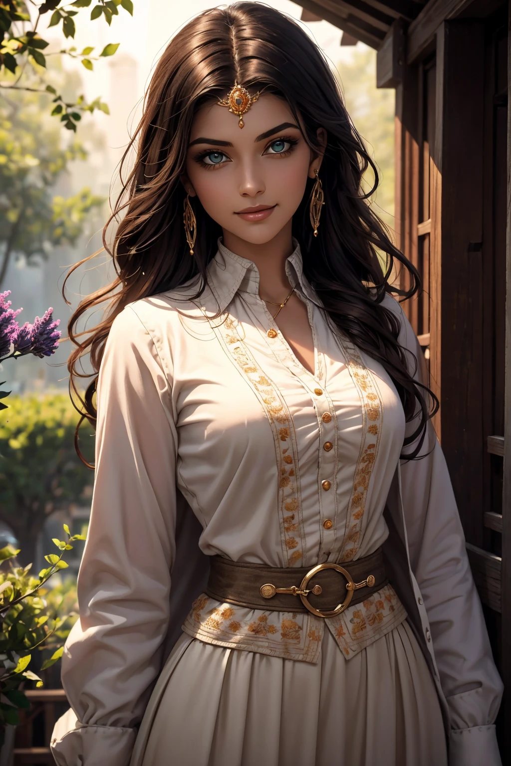 A stunning Indian beauty, with dark brown-black long wavy long hair, with mesmerizing feature with a Hopeful smiling expression, finely detailed eyes, happy mood masterpiece, top quality, best quality, official art, beautiful and aesthetic:1.2), (1girl), extreme detailed,(fractal art:1.3), colorful, highest detailed, (masterpiece, best quality:1.3) 1 bright-green-eyed woman, professional digital painting, Unreal Engine 5. In a 1920 setting, holding lavender flowers at a Lavender flower farm, wearing 1930 style clothing, South-Indian woman, olive-skinned woman, masterpiece, top quality, best quality, official art, beautiful and aesthetic:1.2), (1girl), extreme detailed,(fractal art:1.3), colorful, highest detailed, (masterpiece, best quality:1.3) 1 green-eyed woman, professional digital painting, Unreal Engine 5. Wearing embroidered linen blouse, Wearing long pleated skirt, Wearing Moleskin Field Jacket. Long hair, hopeful expression, finely detailed eyes, smiling, epic scene, epic composition, Cinematic Lighting, Volumetric Lighting, ethereal light, intricate details, extremely detailed volumetric rays. Green Eyes. [Beautiful girl, linen shirt and pants, oil painting, Detailed facial features, Sunlight, bright colors, dramatic lighting, expressive eyes and lips, High Resolution, 4K quality, Photorealistic] 1920 clothing, 1930 clothing, red, orange, yellow, blue, purple, pink,
