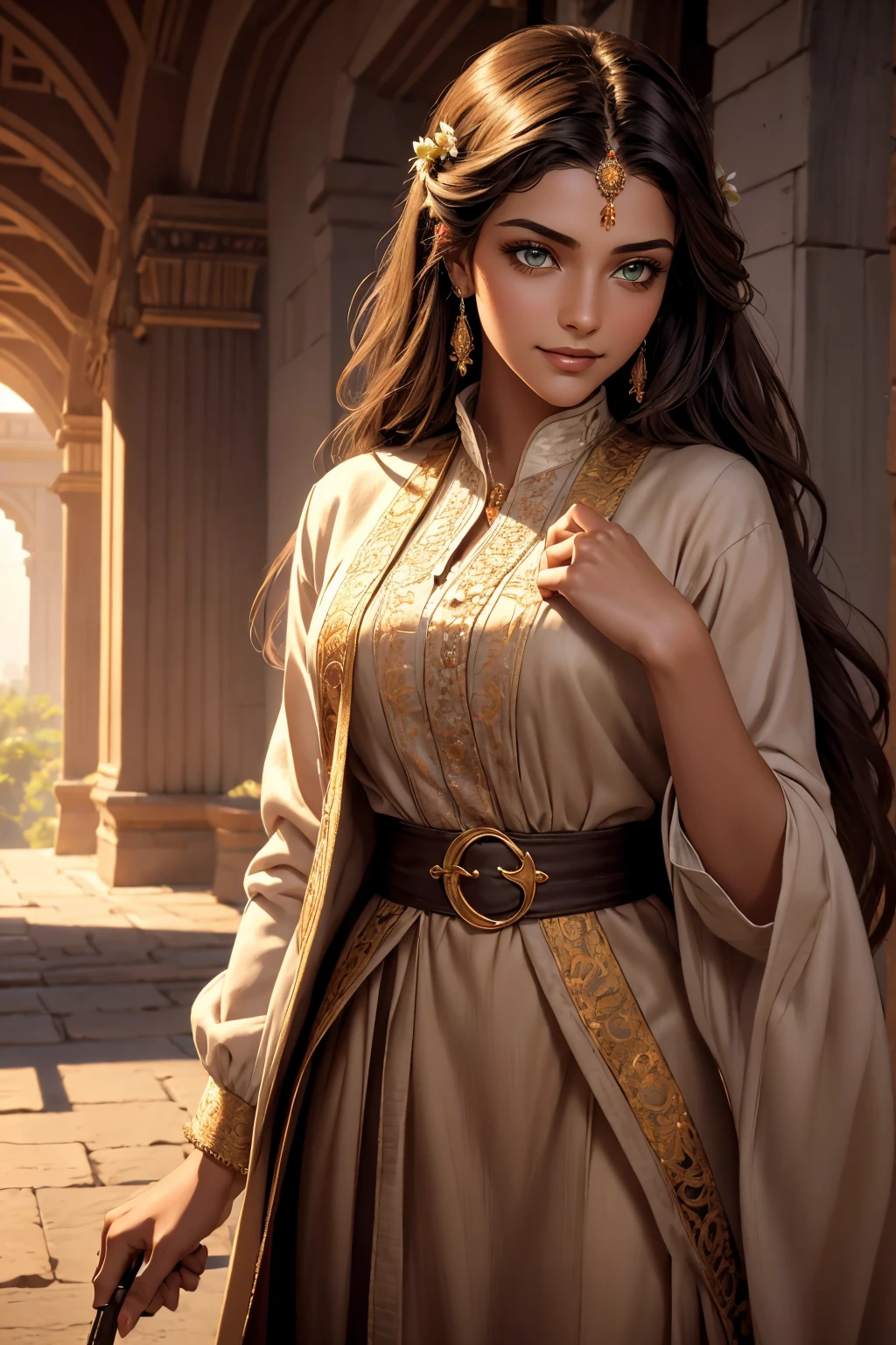 A stunning Indian beauty, with dark brown-black long wavy long hair, with mesmerizing feature with a Hopeful smiling expression, finely detailed eyes, happy mood masterpiece, top quality, best quality, official art, beautiful and aesthetic:1.2), (1girl), extreme detailed,(fractal art:1.3), colorful, highest detailed, (masterpiece, best quality:1.3) 1 bright-green-eyed woman, professional digital painting, Unreal Engine 5. In a 1920 setting, holding lavender flowers at a Lavender flower farm, wearing 1930 style clothing, South-Indian woman, olive-skinned woman, masterpiece, top quality, best quality, official art, beautiful and aesthetic:1.2), (1girl), extreme detailed,(fractal art:1.3), colorful, highest detailed, (masterpiece, best quality:1.3) 1 green-eyed woman, professional digital painting, Unreal Engine 5. Wearing embroidered linen blouse, Wearing long pleated skirt, Wearing Moleskin Field Jacket. Long hair, hopeful expression, finely detailed eyes, smiling, epic scene, epic composition, Cinematic Lighting, Volumetric Lighting, ethereal light, intricate details, extremely detailed volumetric rays. Green Eyes. [Beautiful girl, linen shirt and pants, oil painting, Detailed facial features, Sunlight, bright colors, dramatic lighting, expressive eyes and lips, High Resolution, 4K quality, Photorealistic] 1920 clothing, 1930 clothing, red, orange, yellow, blue, purple, pink,
