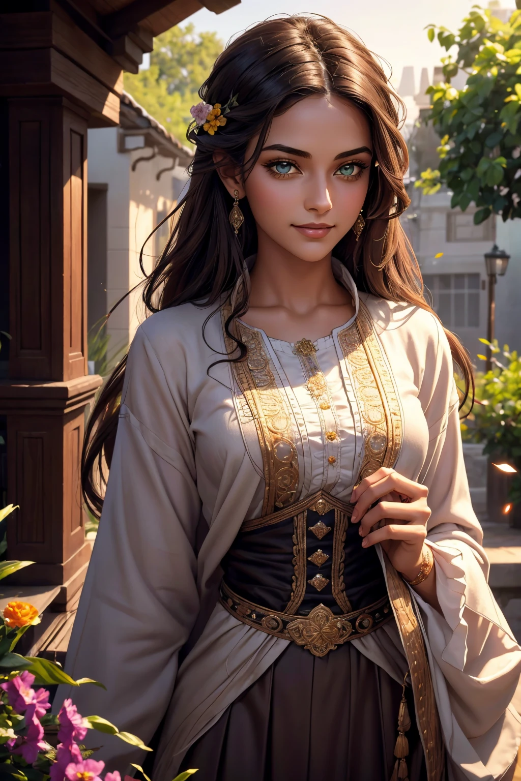 A stunning Indian beauty, with dark brown-black long wavy long hair, with mesmerizing feature with a Hopeful smiling expression, finely detailed eyes, happy mood masterpiece, top quality, best quality, official art, beautiful and aesthetic:1.2), (1girl), extreme detailed,(fractal art:1.3), colorful, highest detailed, (masterpiece, best quality:1.3) 1 bright-green-eyed woman, professional digital painting, Unreal Engine 5. In a 1920 setting, holding lavender flowers at a Lavender flower farm, wearing 1930 style clothing, South-Indian woman, olive-skinned woman, masterpiece, top quality, best quality, official art, beautiful and aesthetic:1.2), (1girl), extreme detailed,(fractal art:1.3), colorful, highest detailed, (masterpiece, best quality:1.3) 1 green-eyed woman, professional digital painting, Unreal Engine 5. Wearing embroidered linen blouse, Wearing long pleated skirt, Wearing Moleskin Field Jacket. Long hair, hopeful expression, finely detailed eyes, smiling, epic scene, epic composition, Cinematic Lighting, Volumetric Lighting, ethereal light, intricate details, extremely detailed volumetric rays. Green Eyes. [Beautiful girl, linen shirt and pants, oil painting, Detailed facial features, Sunlight, bright colors, dramatic lighting, expressive eyes and lips, High Resolution, 4K quality, Photorealistic] 1920 clothing, 1930 clothing, red, orange, yellow, blue, purple, pink,
