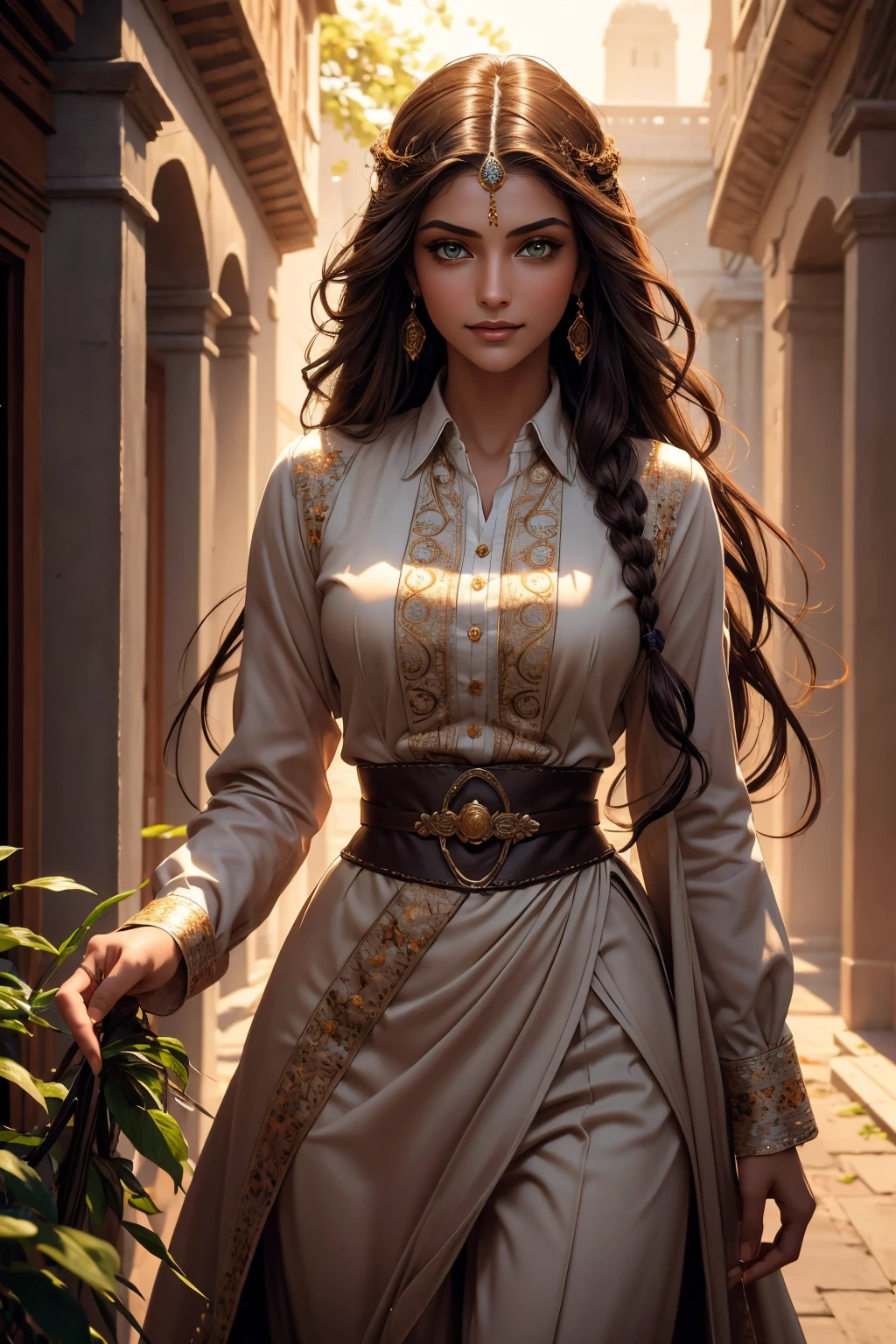 A stunning Indian beauty, with dark brown-black long wavy long hair, with mesmerizing feature with a Hopeful smiling expression, finely detailed eyes, happy mood masterpiece, top quality, best quality, official art, beautiful and aesthetic:1.2), (1girl), extreme detailed,(fractal art:1.3), colorful, highest detailed, (masterpiece, best quality:1.3) 1 bright-green-eyed woman, professional digital painting, Unreal Engine 5. In a 1920 setting, holding lavender flowers at a Lavender flower farm, wearing 1930 style clothing, South-Indian woman, olive-skinned woman, masterpiece, top quality, best quality, official art, beautiful and aesthetic:1.2), (1girl), extreme detailed,(fractal art:1.3), colorful, highest detailed, (masterpiece, best quality:1.3) 1 green-eyed woman, professional digital painting, Unreal Engine 5. Wearing embroidered linen blouse, Wearing long pleated skirt, Wearing Moleskin Field Jacket. Long hair, hopeful expression, finely detailed eyes, smiling, epic scene, epic composition, Cinematic Lighting, Volumetric Lighting, ethereal light, intricate details, extremely detailed volumetric rays. Green Eyes. [Beautiful girl, linen shirt and pants, oil painting, Detailed facial features, Sunlight, bright colors, dramatic lighting, expressive eyes and lips, High Resolution, 4K quality, Photorealistic] 1920 clothing, 1930 clothing, red, orange, yellow, blue, purple, pink,
