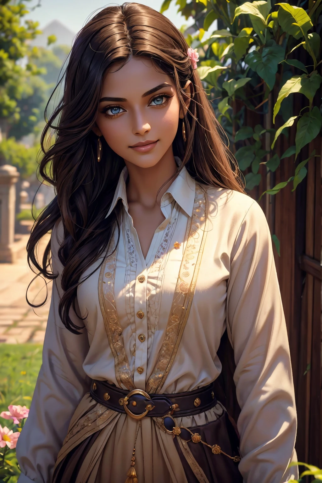 A stunning Indian beauty, with dark brown-black long wavy long hair, with mesmerizing feature with a Hopeful smiling expression, finely detailed eyes, happy mood masterpiece, top quality, best quality, official art, beautiful and aesthetic:1.2), (1girl), extreme detailed,(fractal art:1.3), colorful, highest detailed, (masterpiece, best quality:1.3) 1 bright-green-eyed woman, professional digital painting, Unreal Engine 5. In a 1920 setting, holding lavender flowers at a Lavender flower farm, wearing 1930 style clothing, South-Indian woman, olive-skinned woman, masterpiece, top quality, best quality, official art, beautiful and aesthetic:1.2), (1girl), extreme detailed,(fractal art:1.3), colorful, highest detailed, (masterpiece, best quality:1.3) 1 green-eyed woman, professional digital painting, Unreal Engine 5. Wearing embroidered linen blouse, Wearing long pleated skirt, Wearing Moleskin Field Jacket. Long hair, hopeful expression, finely detailed eyes, smiling, epic scene, epic composition, Cinematic Lighting, Volumetric Lighting, ethereal light, intricate details, extremely detailed volumetric rays. Green Eyes. [Beautiful girl, linen shirt and pants, oil painting, Detailed facial features, Sunlight, bright colors, dramatic lighting, expressive eyes and lips, High Resolution, 4K quality, Photorealistic] 1920 clothing, 1930 clothing, red, orange, yellow, blue, purple, pink,
