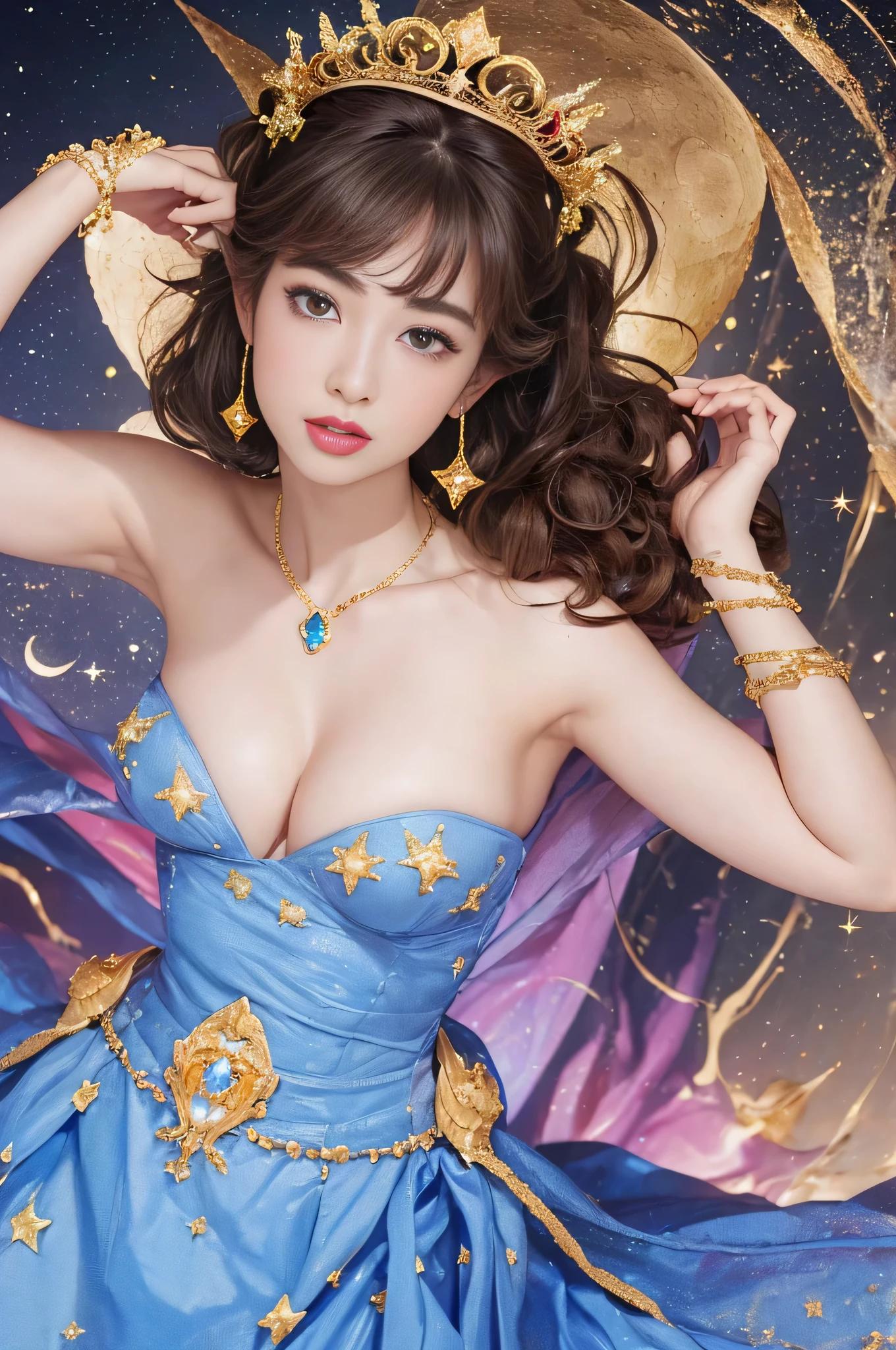 (8K、Raw photo、highest quality、master piece: 1.2)、16k、(reality、photorealistic: 1.3)、(sharp focus)、1 girl、20-year-old、female model、(Accurate anatomy body and hands:1.5)、(4 fingers and 1 thumb,)、beautiful face、detailed and perfect face、(big breasts) 、Big eyes、((Long curly hairstyle))、cowboy shot、from below、detailed background、studio lightning、(( queen of the moon: 1.5))、(( mysteries of universe: 1.25))、(meteor、flash、star: 1.5)、((elegant style、gorgeous: 1.2))、(translucent colorful dress+tiara: 1.4)、(golden embroidery and lots of jewels: 1.4)、(big breasts)、(thin waist)、belly button、big butt、sexy thighs、Goddess of Mercy、magic wand、green and red background、(Twinkle Star、nebula、milky way)、
