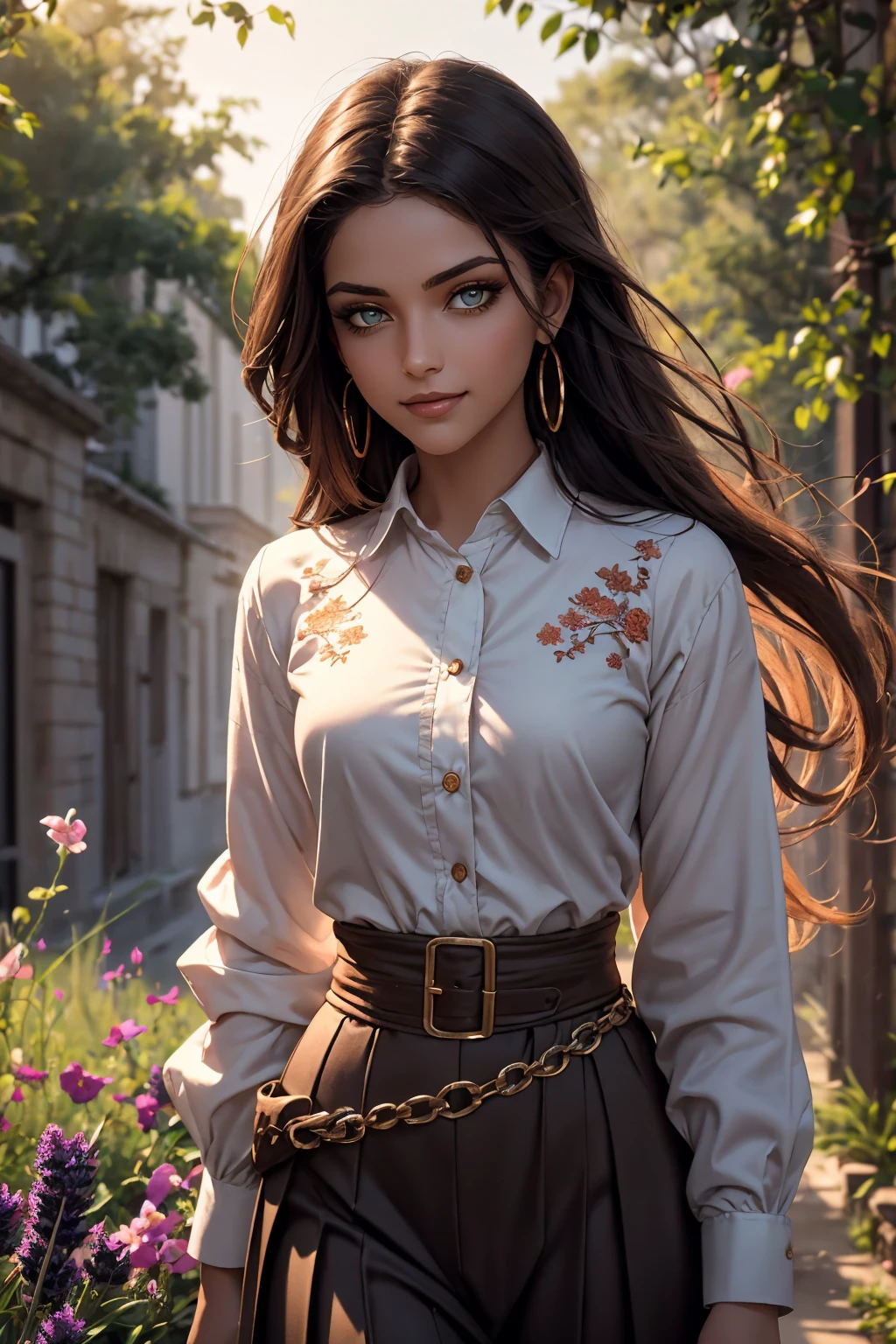 A stunning Indian beauty, with dark brown-black long wavy long hair, with mesmerizing feature with a Hopeful smiling expression, finely detailed eyes, happy mood masterpiece, top quality, best quality, official art, beautiful and aesthetic:1.2), (1girl), extreme detailed,(fractal art:1.3), colorful, highest detailed, (masterpiece, best quality:1.3) 1 bright-green-eyed woman, professional digital painting, Unreal Engine 5. In a 1920 setting, holding lavender flowers at a Lavender flower farm, wearing 1930 style clothing, South-Indian woman, olive-skinned woman, masterpiece, top quality, best quality, official art, beautiful and aesthetic:1.2), (1girl), extreme detailed,(fractal art:1.3), colorful, highest detailed, (masterpiece, best quality:1.3) 1 green-eyed woman, professional digital painting, Unreal Engine 5. Wearing embroidered linen blouse, Wearing long pleated skirt, Wearing Moleskin Field Jacket. Long hair, hopeful expression, finely detailed eyes, smiling, epic scene, epic composition, Cinematic Lighting, Volumetric Lighting, ethereal light, intricate details, extremely detailed volumetric rays. Green Eyes. [Beautiful girl, linen shirt and pants, oil painting, Detailed facial features, Sunlight, bright colors, dramatic lighting, expressive eyes and lips, High Resolution, 4K quality, Photorealistic] 1920 clothing, 1930 clothing, red, orange, yellow, blue, purple, pink,
