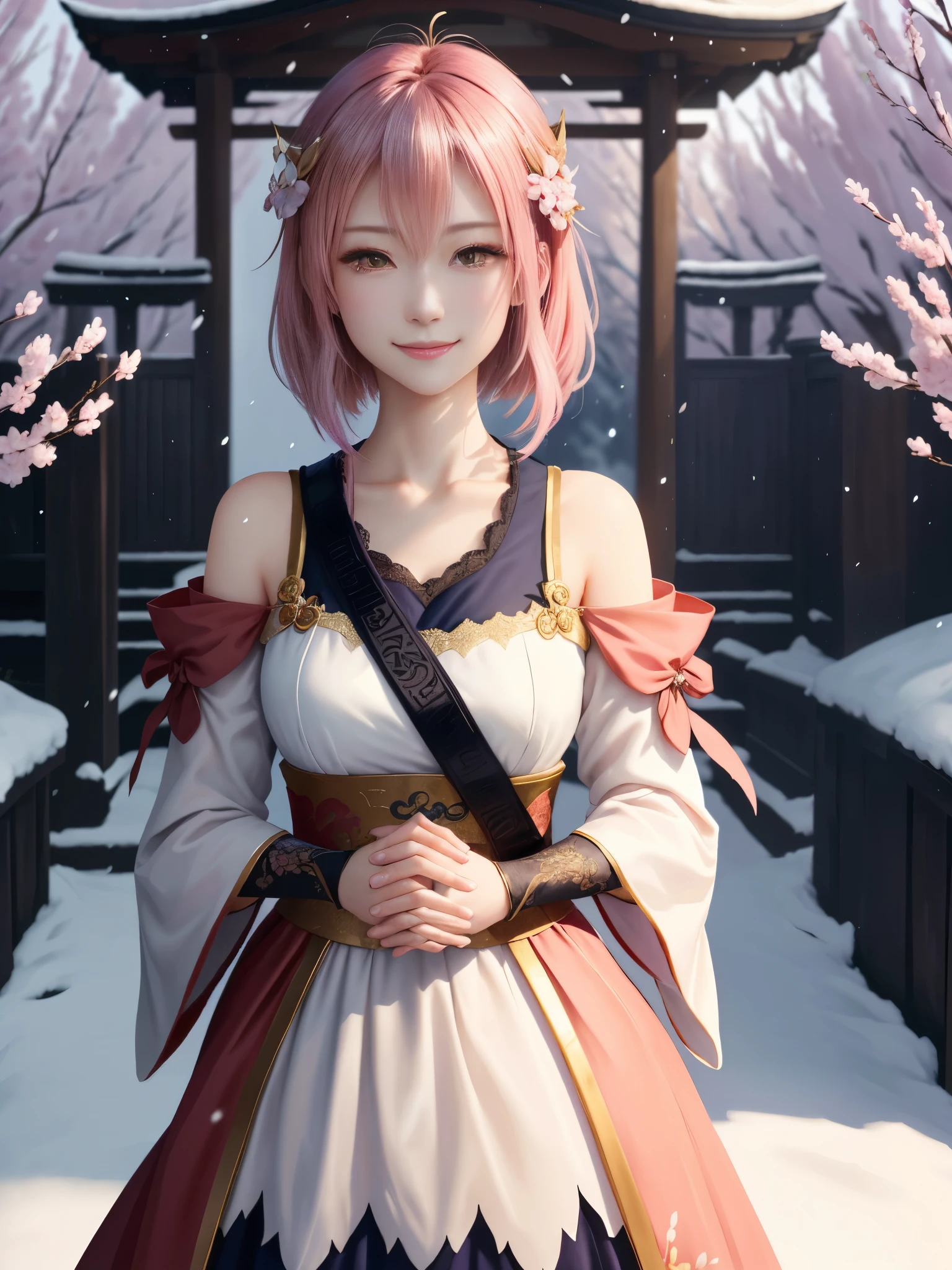 masterpiece , best quality,smile,smile,small face,shoulder exposure,less cleavage exposure,light pink hair,slender body shape,brown eyes,sharp contrast,short hair,Beautiful short hair,Berry Short,short cut hair,just one person,precision quality,Faithfully reproduced eyes, The surroundings are shining gold,一面に咲くcherry blossom background,snow scene,masterpiece, 幻想的なcherry blossom background,night,nightの背景,cherry blossom background,beautiful details, colorful, delicate details, delicate lips, intricate details, genuine, ultrargenuineista, 枝に座っている色とりどりの髪のFoxを持つ女の子:Mature, bright eyes, ,色とりどりのFox, raposa de nine tails, 三尾Fox, 三尾Fox, onmyoji detail art, beautiful fine art illustration, mythical creatures, Fox, beautiful digital art,shrine maiden,hold hands,exquisite digital illustration, mizutsune, Inspired by mythical wild web creatures, pixiv in digital art, shining light, high contrast, Mysterious,