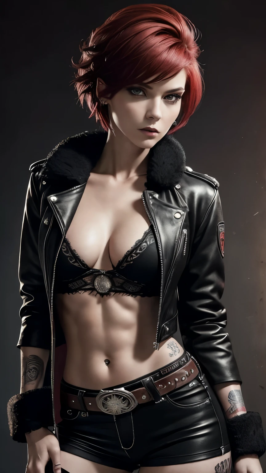 A Woman, ((Punk Style)), (80's) , 25 years old woman, Short red hair, Tattoos, Fur Jacket, Wearing black Shirt, Skinny, Looking at viewer, Arrogant expression, (((Masterpiece, Semirealistic, Cowboy shoot, Good expression, Good anatomy, Good pose))).