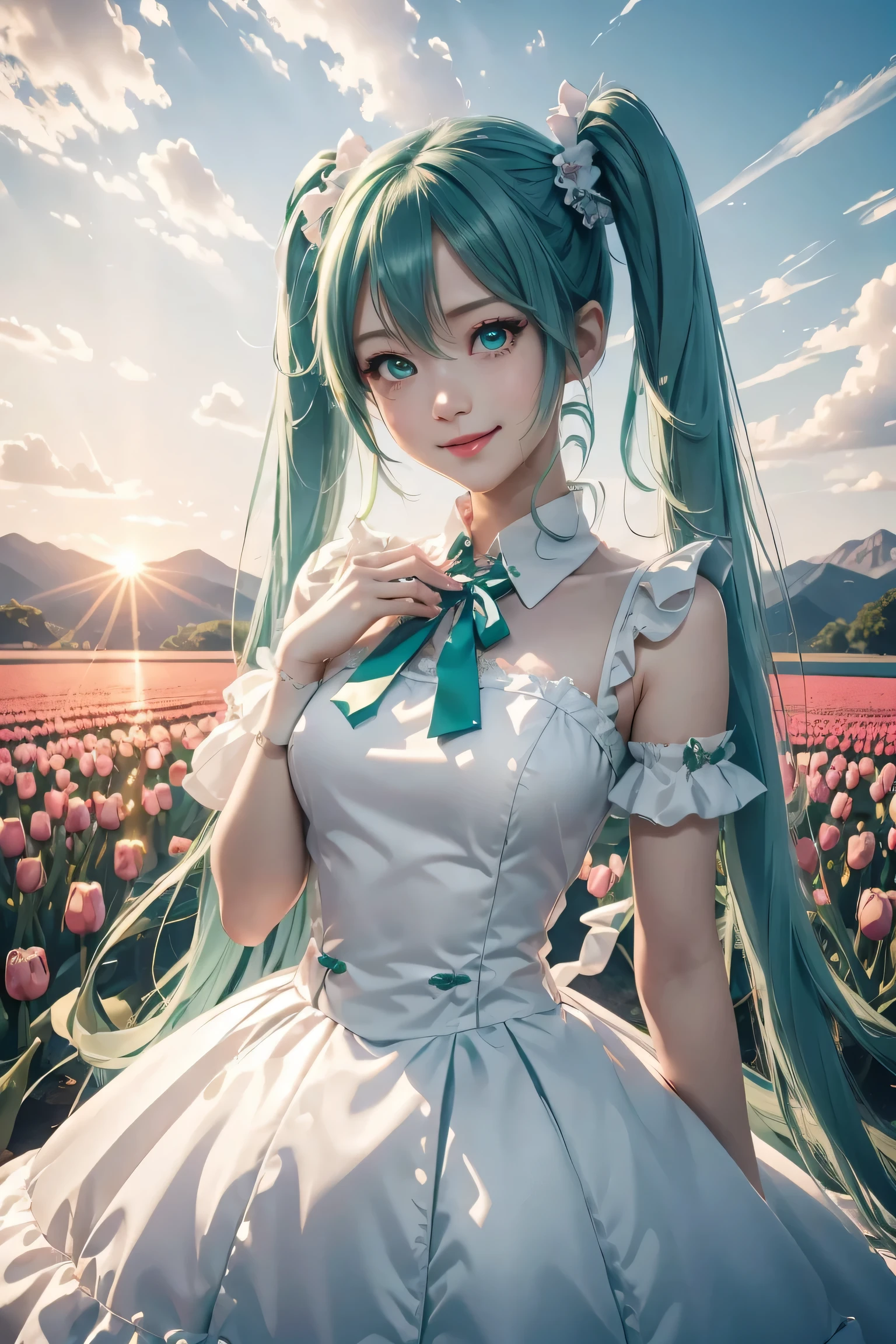 hatsune miku,twin tails,Beautiful emerald green eyes,white skin,hatsune miku costume,white ruffle dress,green ribbon around neck,super high quality,super high quality,masterpiece,digital single lens reflex,realistic,Detailed details,vivid details,depicted in detail,detailed face,Detailed details,Super detailed,realistic skin texture,based on anatomical basis,perfect anatomy,anatomically correct hand,anatomically correct fingers,Complex 3D rendering,sexy pose,beautiful tulip field,fantasy world view,fantastic sunset,fantastic sunset,beauty like a painting,Take a full body photo,nine-headed body,pink lip,Beautiful curly hair,emphasize the beautiful whole body,smile,