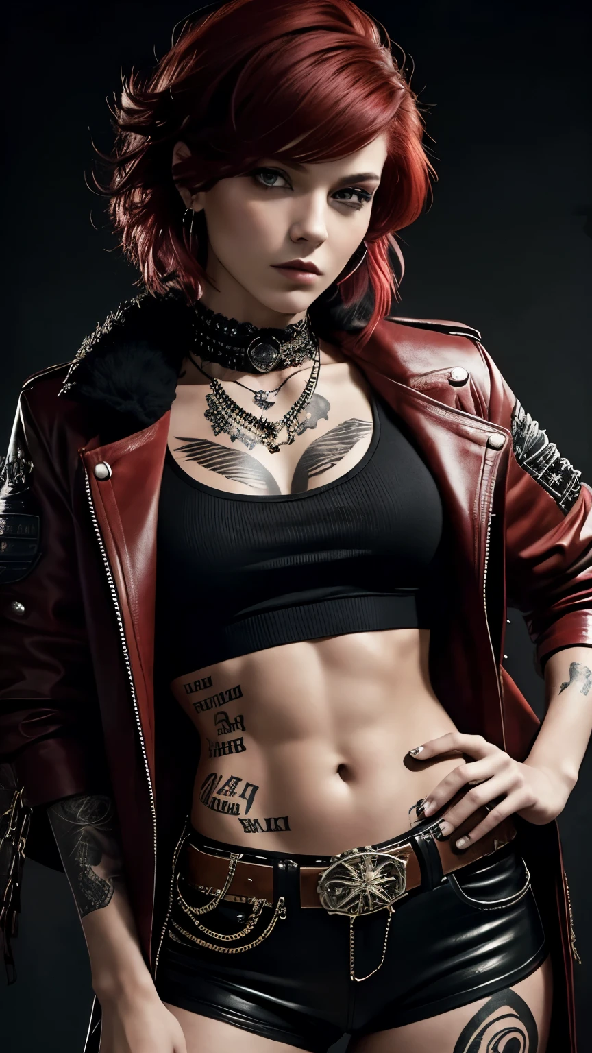 A Woman, ((Punk Style)), (80's) , 25 years old woman, Short red hair, Tattoos, Fur Jacket, Wearing black Shirt, Skinny, Looking at viewer, Arrogant expression, (((Masterpiece, Semirealistic, Cowboy shoot, Good expression, Good anatomy, Good pose))).