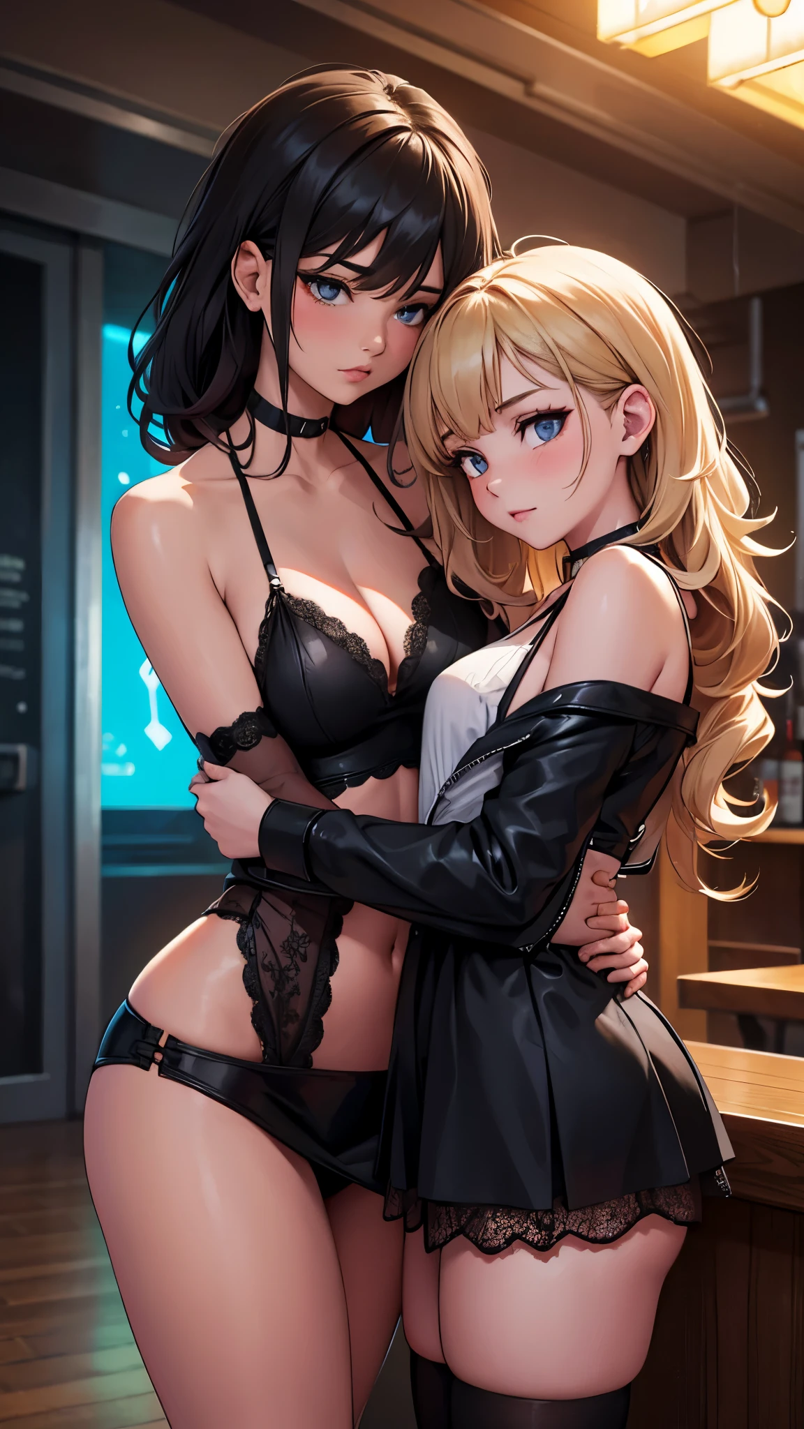 Amidst the pulsating rhythm of the nightclub, two girls found solace in the smokers' corner, bathed in the dim light cast by a flickering neon sign. Their intimate connection was palpable, as they leaned into each other, their bodies capitalizing every inch of the cozy, dark corner. Hands grazed the length of each other's arms, sending shivers down their spines. One girl ran her fingers through the other's long, curly hair. Their legs spread open, creating a subtle yet seductive display. The hem of one girl's mini skirt rode up, revealing a glimpse of black lace panties. Both girls wore long, black stockings,  