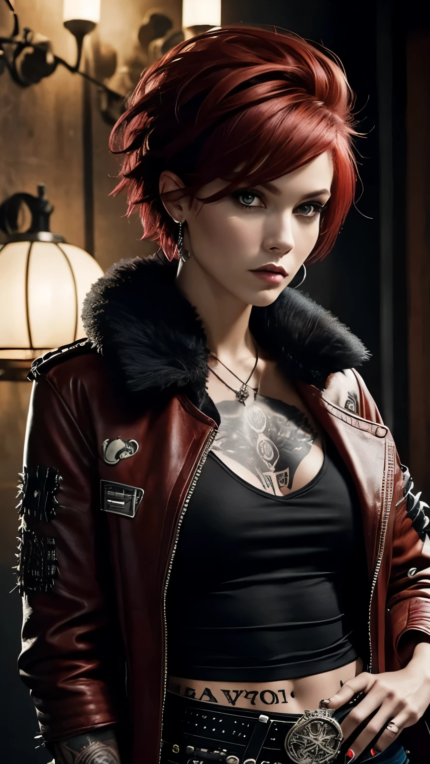 A Woman, ((Punk Style)), (80's) , 25 years old woman, Short red hair, Tattoos, Fur Jacket, Wearing black Shirt, Skinny, Looking at viewer, Arrogant expression, (((Masterpiece, Semirealistic, Cowboy shoot, Good expression, Good anatomy, Good pose))).