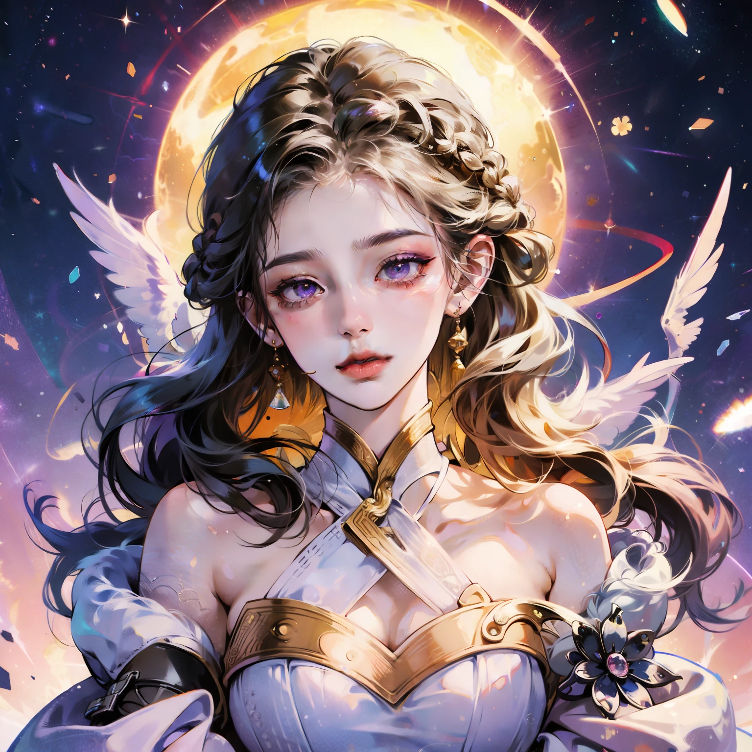 1 girl,high resolution, high quality, masterpiece, mxmk white dress, bare shoulders, purple eyes, white dress, braid,gold eye shadow,Dark red pupils,