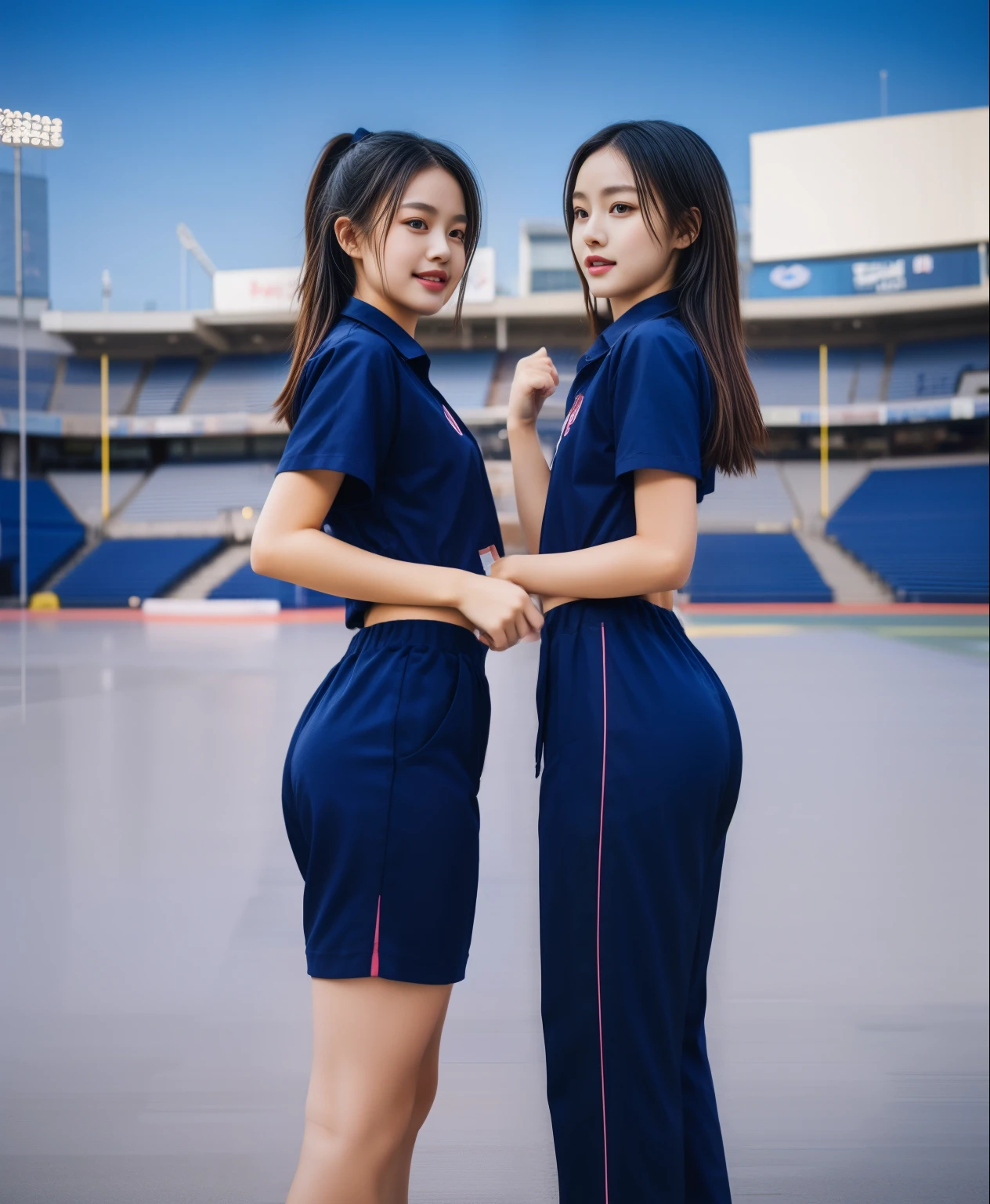 (best quality,10,10,height,Masterpiece:1.2),Special details,(realistic,ภาพrealistic,Realistic photos:1.37),1 cute girl on the football field,shiny, ผิวshiny,only,smile softly,BDclothelue shirt:1.3)),short sleeve,shirt, กางเกงขาlong.,(navy_long_track pants:1.1), ((stadium background:1.3)),Dynamic angle,excited,Face focus,dynamic poses,from behind,focus on ass,Masterpiece, best quality, ultra realistic, hyper-detail, 8K resolution, raw photos, Sharp focus, ((Navy blue shirt:1.1)), short sleeve, เส้นทางlong, perfect body, 2 mature women, 18 years old, Cinema-grade lighting system,blue sweatpants,shirtผ้าออกกำลังกาย,correct anatomy,perfect body, correct body, Sharp face, correct bodyทางกายวิภาค, full body, realistic gestures, long-haired, realistic poses,Wear long shorts................................,ช่วงขาlong,Good shape,carved girl, Slender figure, model, Good shape, beautiful body,blue sweatpants, two girls kissing