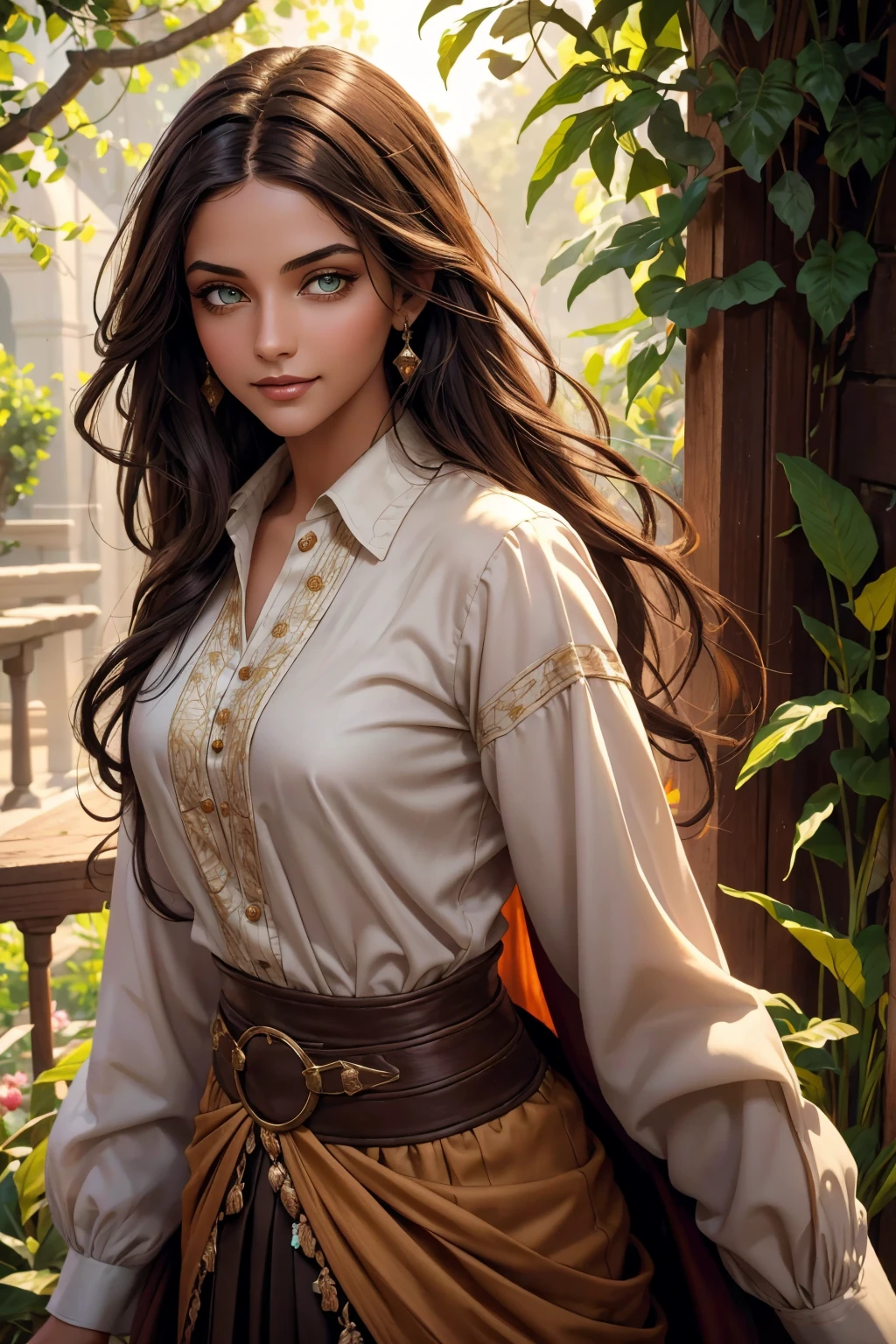 A stunning Indian beauty, with dark brown-black long wavy long hair, with mesmerizing feature with a Hopeful smiling expression, finely detailed eyes, happy mood masterpiece, top quality, best quality, official art, beautiful and aesthetic:1.2), (1girl), extreme detailed,(fractal art:1.3), colorful, highest detailed, (masterpiece, best quality:1.3) 1 bright-green-eyed woman, professional digital painting, Unreal Engine 5. In a 1920 setting, holding lavender flowers at a Lavender flower farm, wearing 1930 style clothing, South-Indian woman, olive-skinned woman, masterpiece, top quality, best quality, official art, beautiful and aesthetic:1.2), (1girl), extreme detailed,(fractal art:1.3), colorful, highest detailed, (masterpiece, best quality:1.3) 1 green-eyed woman, professional digital painting, Unreal Engine 5. Wearing embroidered linen blouse, Wearing long pleated skirt, Wearing Moleskin Field Jacket. Long hair, hopeful expression, finely detailed eyes, smiling, epic scene, epic composition, Cinematic Lighting, Volumetric Lighting, ethereal light, intricate details, extremely detailed volumetric rays. Green Eyes. [Beautiful girl, linen shirt and pants, oil painting, Detailed facial features, Sunlight, bright colors, dramatic lighting, expressive eyes and lips, High Resolution, 4K quality, Photorealistic] 1920 clothing, 1930 clothing, red, orange, yellow, blue, purple, pink,
