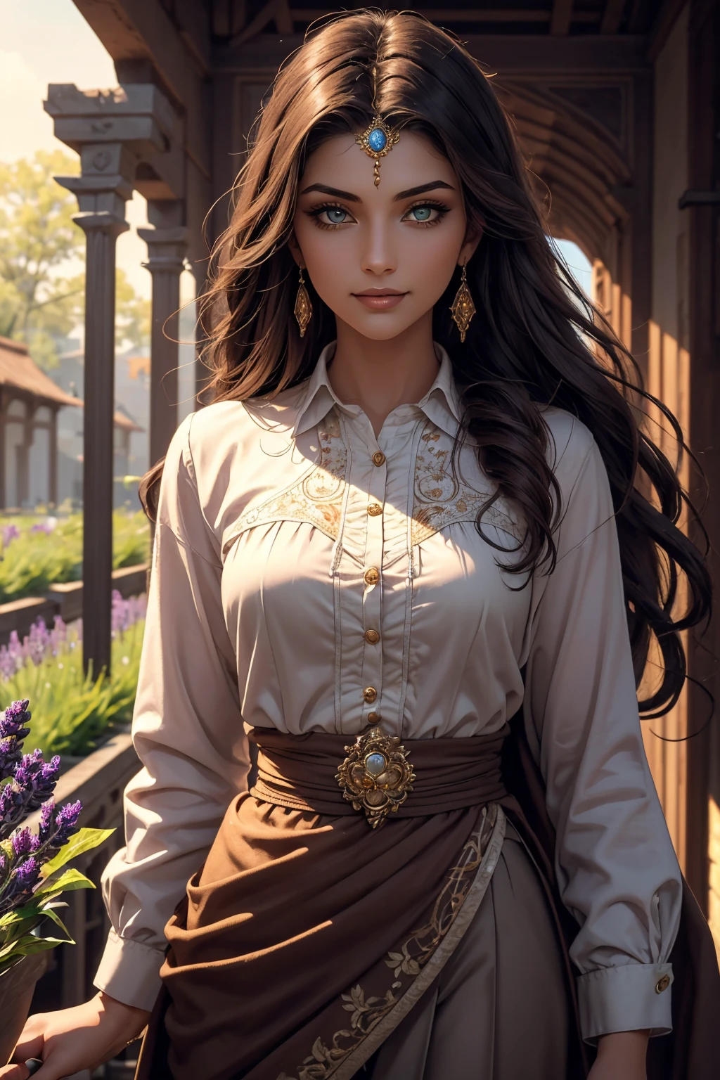 A stunning Indian beauty, with dark brown-black long wavy long hair, with mesmerizing feature with a Hopeful smiling expression, finely detailed eyes, happy mood masterpiece, top quality, best quality, official art, beautiful and aesthetic:1.2), (1girl), extreme detailed,(fractal art:1.3), colorful, highest detailed, (masterpiece, best quality:1.3) 1 bright-green-eyed woman, professional digital painting, Unreal Engine 5. In a 1920 setting, holding lavender flowers at a Lavender flower farm, wearing 1930 style clothing, South-Indian woman, olive-skinned woman, masterpiece, top quality, best quality, official art, beautiful and aesthetic:1.2), (1girl), extreme detailed,(fractal art:1.3), colorful, highest detailed, (masterpiece, best quality:1.3) 1 green-eyed woman, professional digital painting, Unreal Engine 5. Wearing embroidered linen blouse, Wearing long pleated skirt, Wearing Moleskin Field Jacket. Long hair, hopeful expression, finely detailed eyes, smiling, epic scene, epic composition, Cinematic Lighting, Volumetric Lighting, ethereal light, intricate details, extremely detailed volumetric rays. Green Eyes. [Beautiful girl, linen shirt and pants, oil painting, Detailed facial features, Sunlight, bright colors, dramatic lighting, expressive eyes and lips, High Resolution, 4K quality, Photorealistic] 1920 clothing, 1930 clothing, red, orange, yellow, blue, purple, pink,
