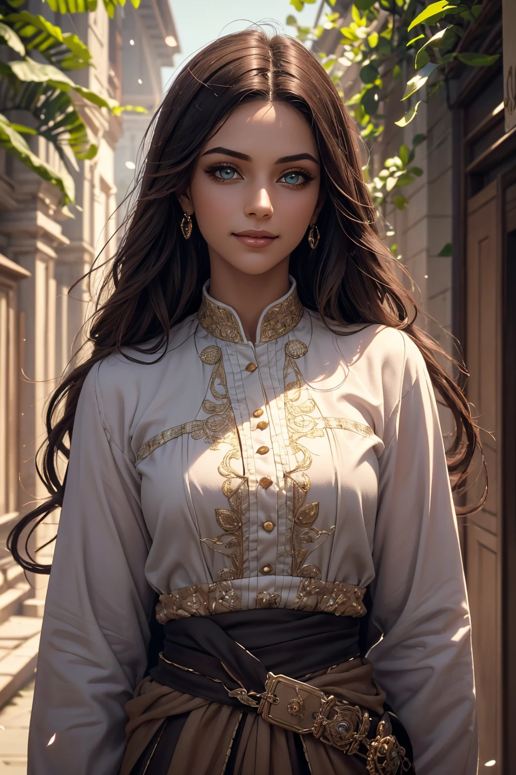 A stunning Indian beauty, with dark brown-black long wavy long hair, with mesmerizing feature with a Hopeful smiling expression, finely detailed eyes, happy mood masterpiece, top quality, best quality, official art, beautiful and aesthetic:1.2), (1girl), extreme detailed,(fractal art:1.3), colorful, highest detailed, (masterpiece, best quality:1.3) 1 bright-green-eyed woman, professional digital painting, Unreal Engine 5. In a 1920 setting, holding lavender flowers at a Lavender flower farm, wearing 1930 style clothing, South-Indian woman, olive-skinned woman, masterpiece, top quality, best quality, official art, beautiful and aesthetic:1.2), (1girl), extreme detailed,(fractal art:1.3), colorful, highest detailed, (masterpiece, best quality:1.3) 1 green-eyed woman, professional digital painting, Unreal Engine 5. Wearing embroidered linen blouse, Wearing long pleated skirt, Wearing Moleskin Field Jacket. Long hair, hopeful expression, finely detailed eyes, smiling, epic scene, epic composition, Cinematic Lighting, Volumetric Lighting, ethereal light, intricate details, extremely detailed volumetric rays. Green Eyes. [Beautiful girl, linen shirt and pants, oil painting, Detailed facial features, Sunlight, bright colors, dramatic lighting, expressive eyes and lips, High Resolution, 4K quality, Photorealistic] 1920 clothing, 1930 clothing, red, orange, yellow, blue, purple, pink,
