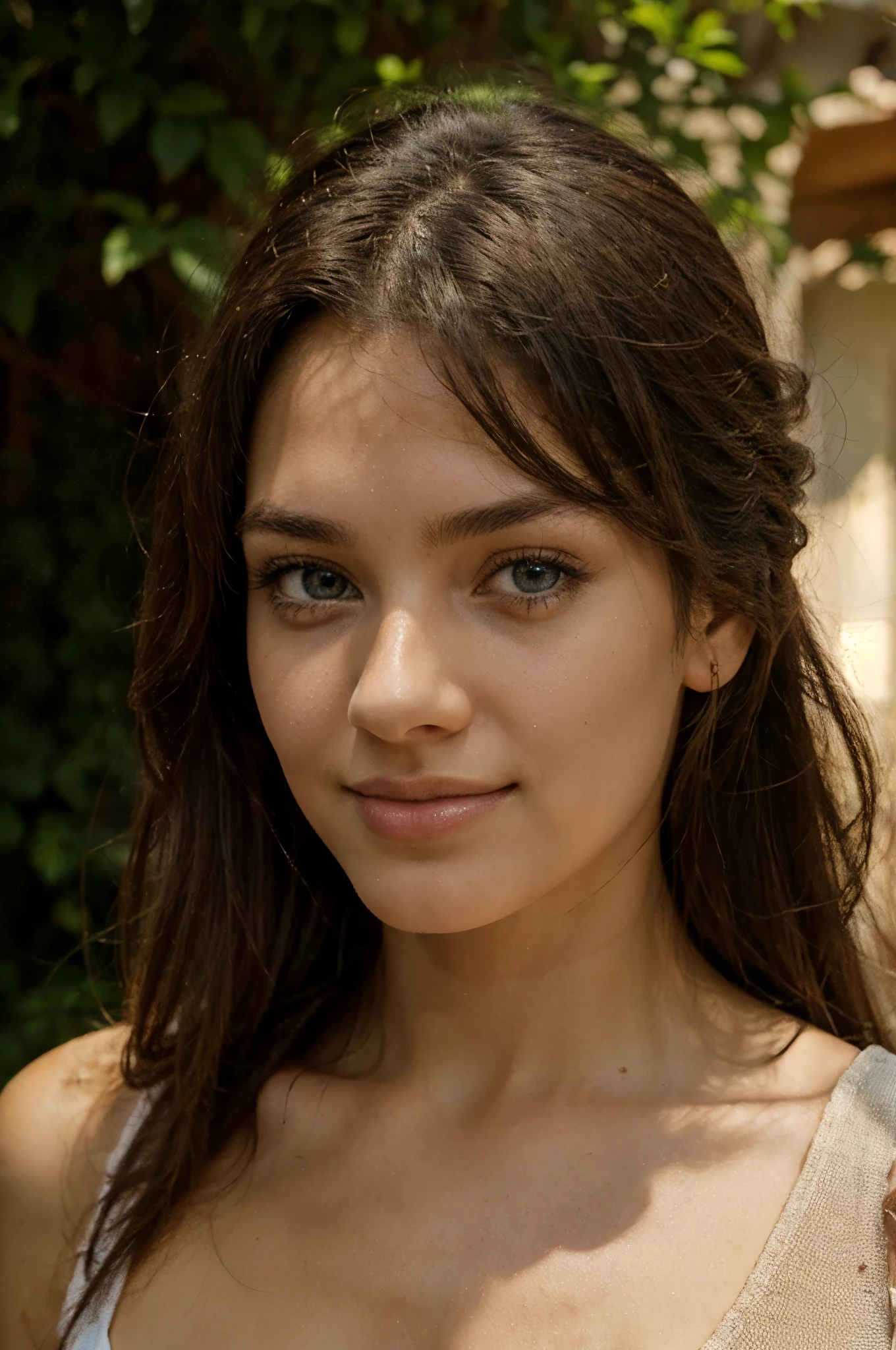 A beautiful woman with light brown skin and fine facial features, with blue eyes and wearing a pink shirt. (best quality, highres:1.2), extremely detailed eyes and face, long eyelashes, flawless skin, elegant and radiant appearance, confident smile, graceful posture, surrounded by a lush garden, vibrant colors, soft natural lighting, oil painting style.