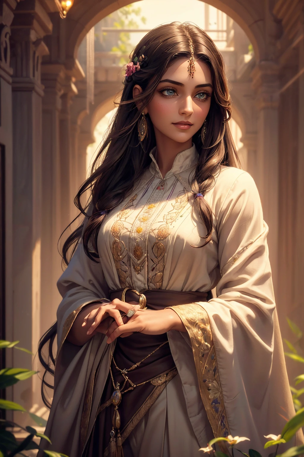 A stunning Indian beauty, with dark brown-black long wavy long hair, with mesmerizing feature with a Hopeful smiling expression, finely detailed eyes, happy mood masterpiece, top quality, best quality, official art, beautiful and aesthetic:1.2), (1girl), extreme detailed,(fractal art:1.3), colorful, highest detailed, (masterpiece, best quality:1.3) 1 bright-green-eyed woman, professional digital painting, Unreal Engine 5. In a 1920 setting, holding lavender flowers at a Lavender flower farm, wearing 1930 style clothing, South-Indian woman, olive-skinned woman, masterpiece, top quality, best quality, official art, beautiful and aesthetic:1.2), (1girl), extreme detailed,(fractal art:1.3), colorful, highest detailed, (masterpiece, best quality:1.3) 1 green-eyed woman, professional digital painting, Unreal Engine 5. Wearing embroidered linen blouse, Wearing long pleated skirt, Wearing Moleskin Field Jacket. Long hair, hopeful expression, finely detailed eyes, smiling, epic scene, epic composition, Cinematic Lighting, Volumetric Lighting, ethereal light, intricate details, extremely detailed volumetric rays. Green Eyes. [Beautiful girl, linen shirt and pants, oil painting, Detailed facial features, Sunlight, bright colors, dramatic lighting, expressive eyes and lips, High Resolution, 4K quality, Photorealistic] 1920 clothing, 1930 clothing, red, orange, yellow, blue, purple, pink,
