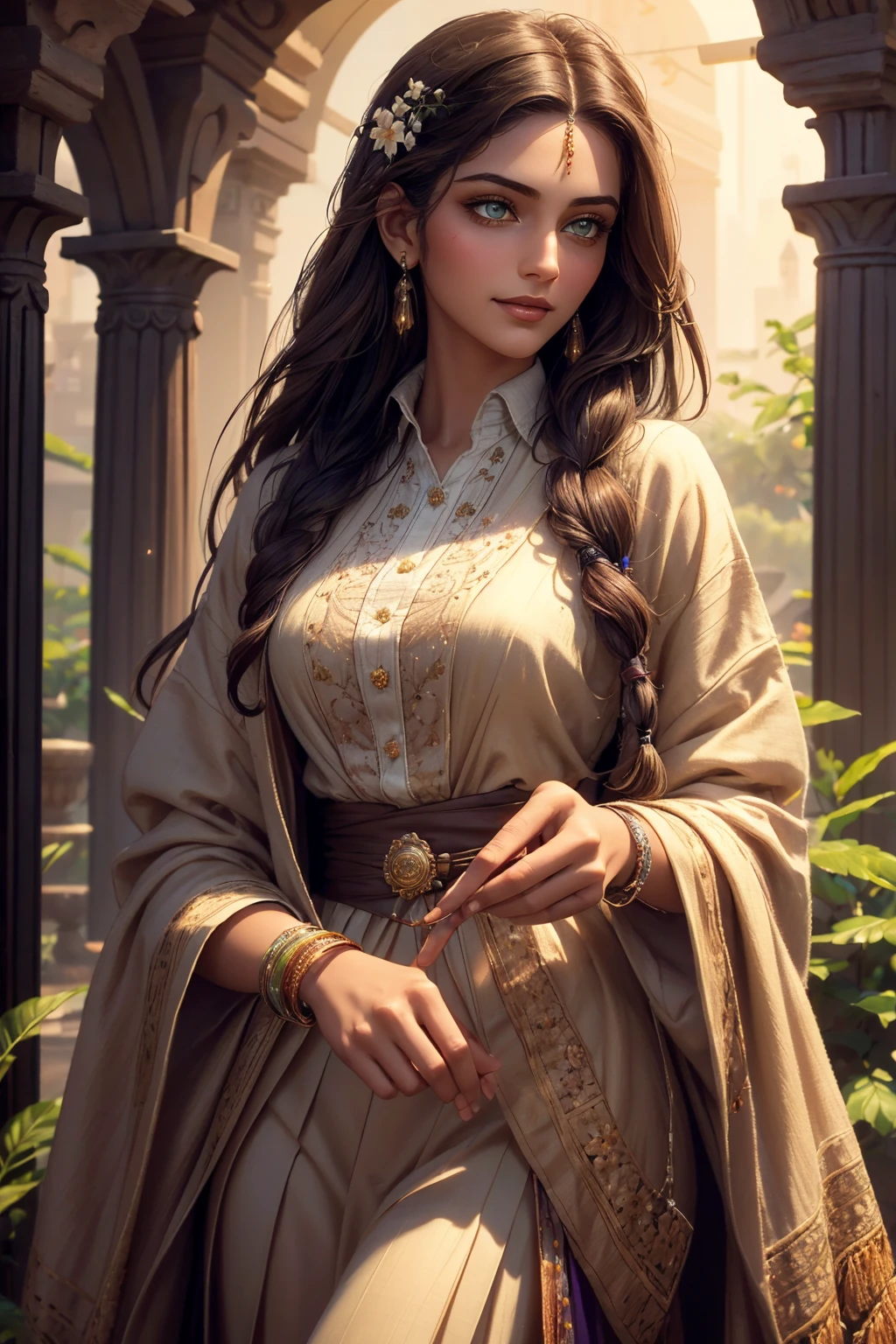 A stunning Indian beauty, with dark brown-black long wavy long hair, with mesmerizing feature with a Hopeful smiling expression, finely detailed eyes, happy mood masterpiece, top quality, best quality, official art, beautiful and aesthetic:1.2), (1girl), extreme detailed,(fractal art:1.3), colorful, highest detailed, (masterpiece, best quality:1.3) 1 bright-green-eyed woman, professional digital painting, Unreal Engine 5. In a 1920 setting, holding lavender flowers at a Lavender flower farm, wearing 1930 style clothing, South-Indian woman, olive-skinned woman, masterpiece, top quality, best quality, official art, beautiful and aesthetic:1.2), (1girl), extreme detailed,(fractal art:1.3), colorful, highest detailed, (masterpiece, best quality:1.3) 1 green-eyed woman, professional digital painting, Unreal Engine 5. Wearing embroidered linen blouse, Wearing long pleated skirt, Wearing Moleskin Field Jacket. Long hair, hopeful expression, finely detailed eyes, smiling, epic scene, epic composition, Cinematic Lighting, Volumetric Lighting, ethereal light, intricate details, extremely detailed volumetric rays. Green Eyes. [Beautiful girl, linen shirt and pants, oil painting, Detailed facial features, Sunlight, bright colors, dramatic lighting, expressive eyes and lips, High Resolution, 4K quality, Photorealistic] 1920 clothing, 1930 clothing, red, orange, yellow, blue, purple, pink,
