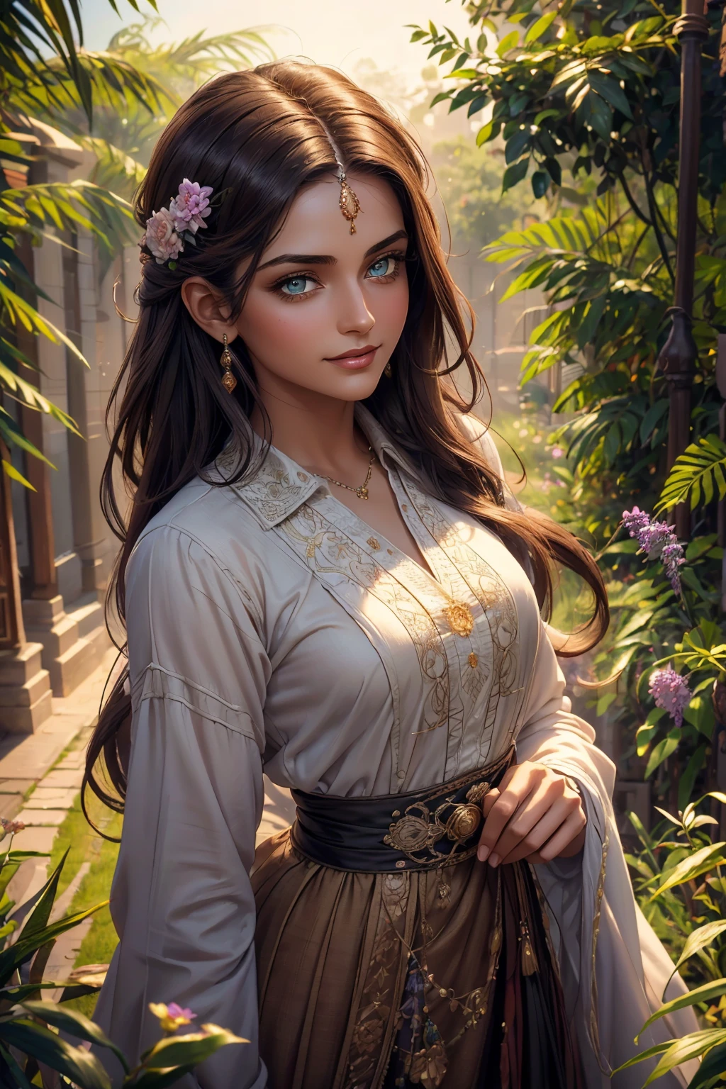 A stunning Indian beauty, with dark brown-black long wavy long hair, with mesmerizing feature with a Hopeful smiling expression, finely detailed eyes, happy mood masterpiece, top quality, best quality, official art, beautiful and aesthetic:1.2), (1girl), extreme detailed,(fractal art:1.3), colorful, highest detailed, (masterpiece, best quality:1.3) 1 bright-green-eyed woman, professional digital painting, Unreal Engine 5. In a 1920 setting, holding lavender flowers at a Lavender flower farm, wearing 1930 style clothing, South-Indian woman, olive-skinned woman, masterpiece, top quality, best quality, official art, beautiful and aesthetic:1.2), (1girl), extreme detailed,(fractal art:1.3), colorful, highest detailed, (masterpiece, best quality:1.3) 1 green-eyed woman, professional digital painting, Unreal Engine 5. Wearing embroidered linen blouse, Wearing long pleated skirt, Wearing Moleskin Field Jacket. Long hair, hopeful expression, finely detailed eyes, smiling, epic scene, epic composition, Cinematic Lighting, Volumetric Lighting, ethereal light, intricate details, extremely detailed volumetric rays. Green Eyes. [Beautiful girl, linen shirt and pants, oil painting, Detailed facial features, Sunlight, bright colors, dramatic lighting, expressive eyes and lips, High Resolution, 4K quality, Photorealistic] 1920 clothing, 1930 clothing, red, orange, yellow, blue, purple, pink,
