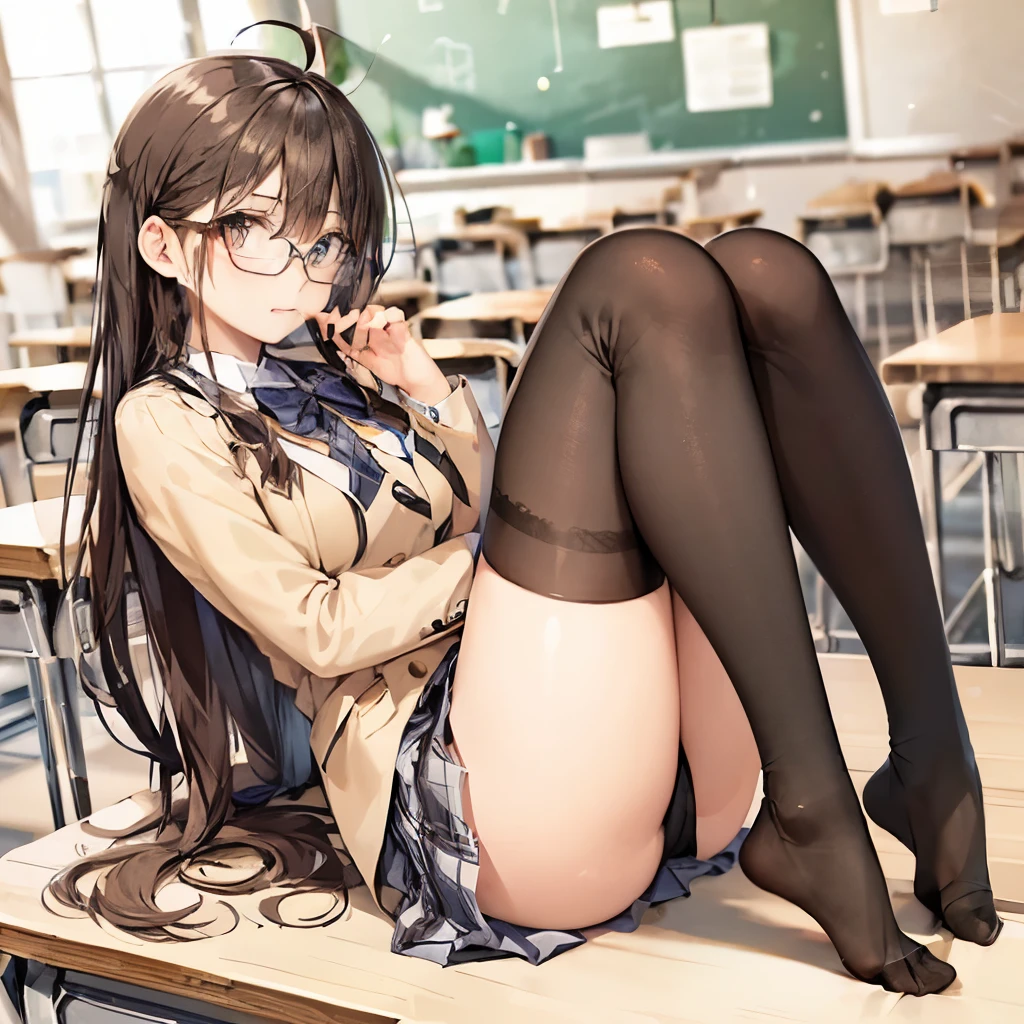 The background is a classroom,break,school uniform,white blazer,Navy skirt with plaid skirt removed,,{(Glasses:1.3)},(Braid:1.2),{{{{{(Braidの長い髪:1.3}}}}} ,super big breasts,platinum hair,anime character,gravure,Ahoge,(black stockings:1.2),,{highest quality}, {so beautiful}, {Super detailed},(fullbody:1.4),1girl、model pose、full body commission、Stall