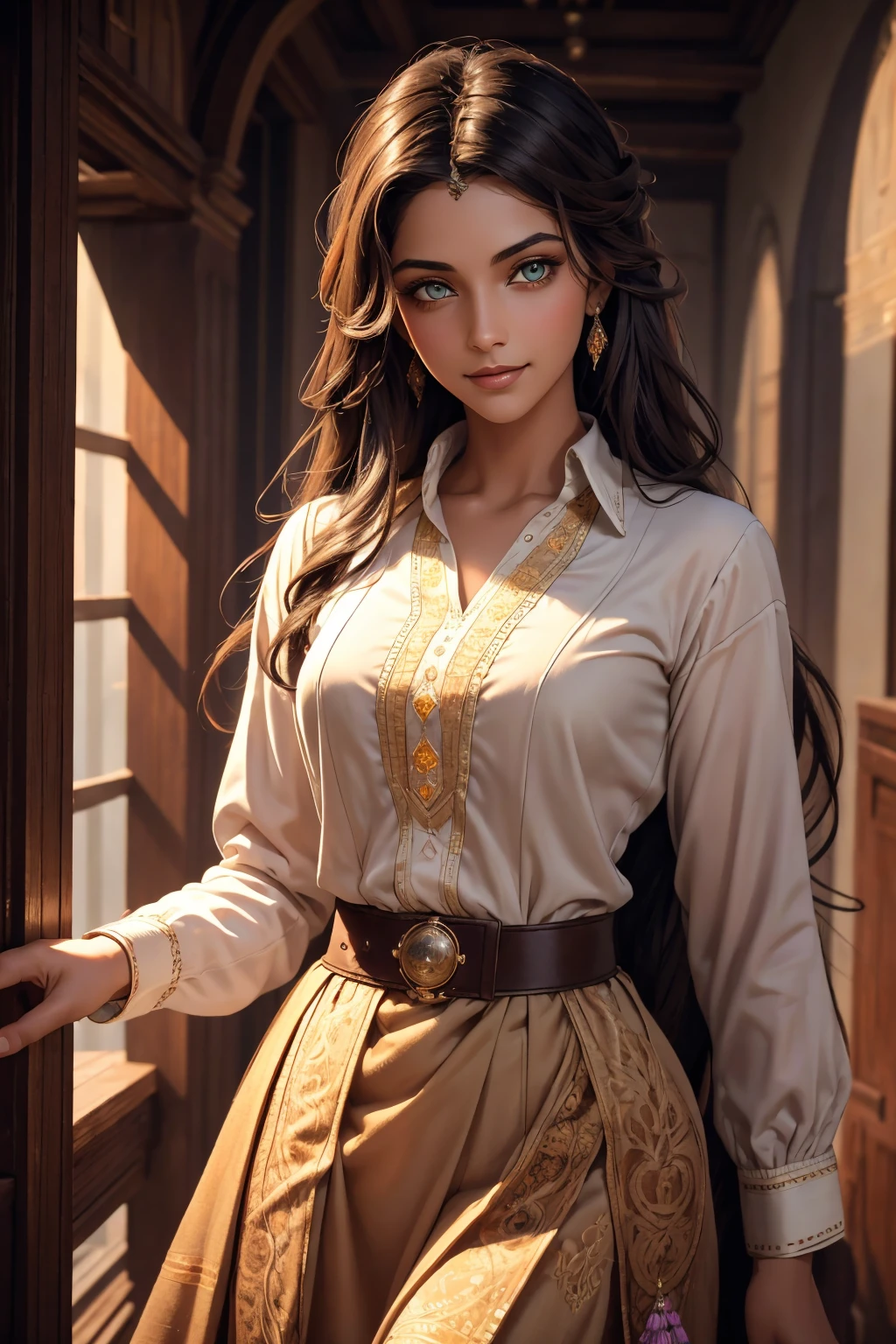 A stunning Indian beauty, with bright green eyes, dark brown-black long wavy hair, mesmerizing features with a scary expression, finely detailed eyes, angry mood masterpiece, top quality, best quality, official art, beautiful and aesthetic:1.2), (1girl), extreme detailed,(fractal art:1.3), colorful, highest detailed, (masterpiece, best quality:1.3) 1 bright-green-eyed woman, professional digital painting, Unreal Engine 5. Wearing a black-buttoned-up military-trench coat. Scary void dripping from body and face black magic swirling around. A deep red gemstone on the forehead. Arms up casting black magic from fingertips. Black smoke swirled around her.

