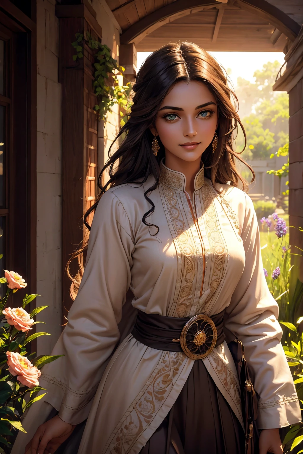 A stunning Indian beauty, with bright green eyes, dark brown-black long wavy hair, mesmerizing features with a scary expression, finely detailed eyes, angry mood masterpiece, top quality, best quality, official art, beautiful and aesthetic:1.2), (1girl), extreme detailed,(fractal art:1.3), colorful, highest detailed, (masterpiece, best quality:1.3) 1 bright-green-eyed woman, professional digital painting, Unreal Engine 5. Wearing a black-buttoned-up military-trench coat. Scary void dripping from body and face black magic swirling around. A deep red gemstone on the forehead. Arms up casting black magic from fingertips. Black smoke swirled around her.
