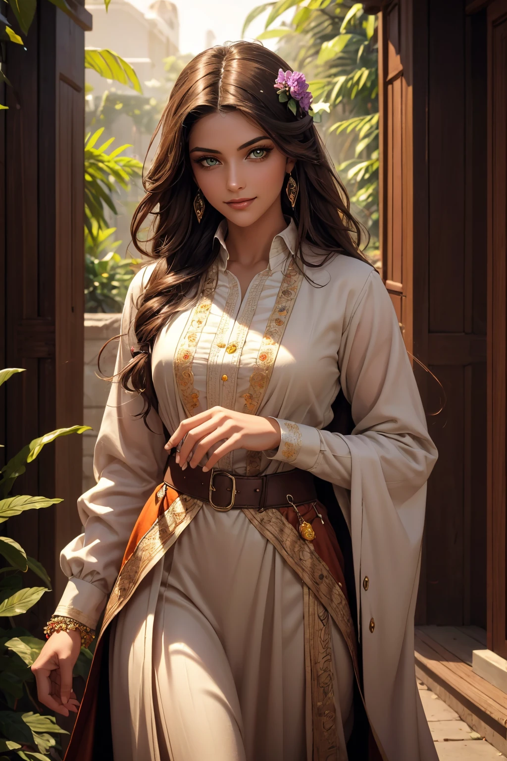 A stunning Indian beauty, with bright green eyes, dark brown-black long wavy hair, mesmerizing features with a scary expression, finely detailed eyes, angry mood masterpiece, top quality, best quality, official art, beautiful and aesthetic:1.2), (1girl), extreme detailed,(fractal art:1.3), colorful, highest detailed, (masterpiece, best quality:1.3) 1 bright-green-eyed woman, professional digital painting, Unreal Engine 5. Wearing a black-buttoned-up military-trench coat. Scary void dripping from body and face black magic swirling around. A deep red gemstone on the forehead. Arms up casting black magic from fingertips. Black smoke swirled around her.
