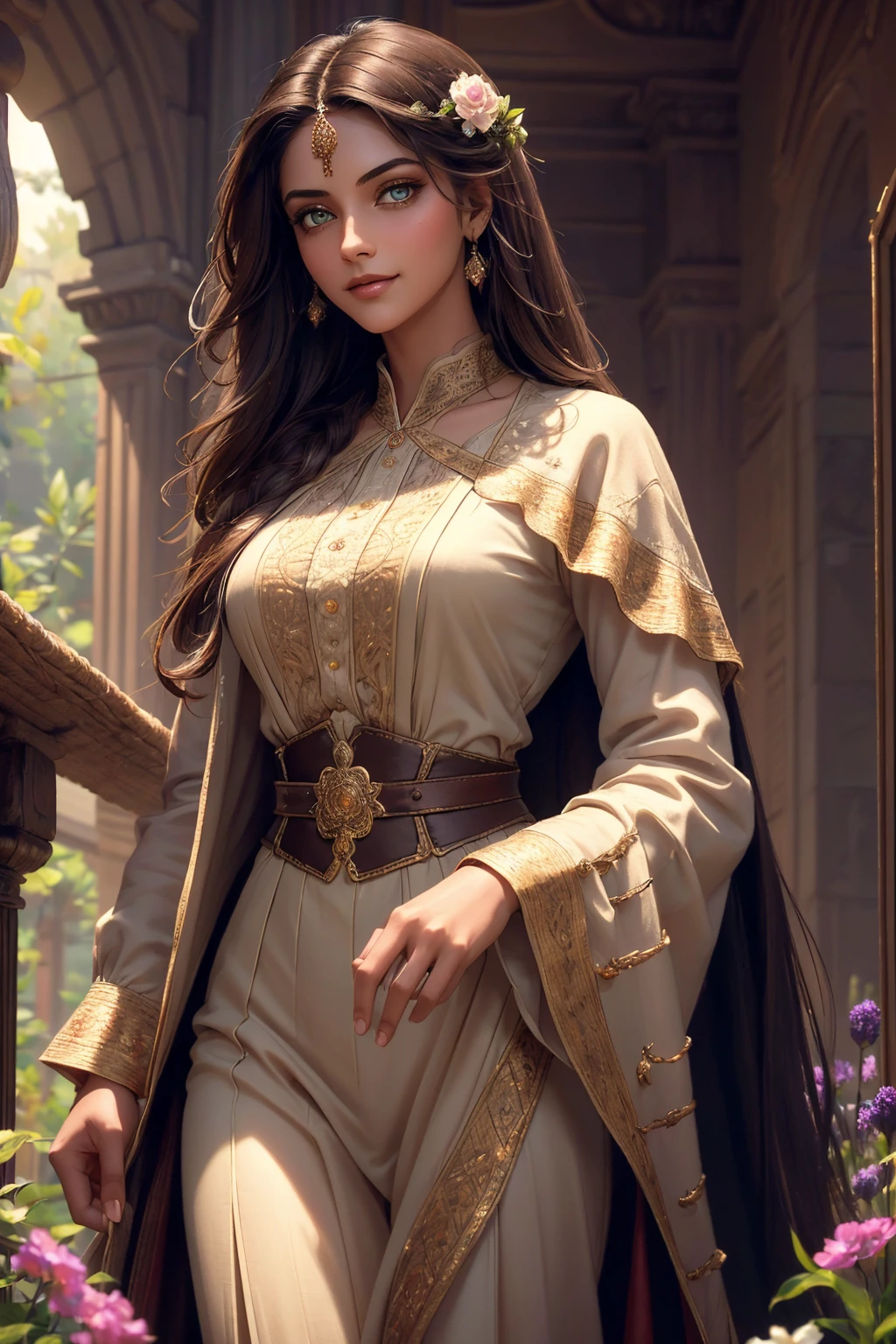 A stunning Indian beauty, with dark brown-black long wavy long hair, with mesmerizing feature with a Hopeful smiling expression, finely detailed eyes, happy mood masterpiece, top quality, best quality, official art, beautiful and aesthetic:1.2), (1girl), extreme detailed,(fractal art:1.3), colorful, highest detailed, (masterpiece, best quality:1.3) 1 bright-green-eyed woman, professional digital painting, Unreal Engine 5. In a 1920 setting, holding lavender flowers at a Lavender flower farm, wearing 1930 style clothing, South-Indian woman, olive-skinned woman, masterpiece, top quality, best quality, official art, beautiful and aesthetic:1.2), (1girl), extreme detailed,(fractal art:1.3), colorful, highest detailed, (masterpiece, best quality:1.3) 1 green-eyed woman, professional digital painting, Unreal Engine 5. Wearing embroidered linen blouse, Wearing long pleated skirt, Wearing Moleskin Field Jacket. Long hair, hopeful expression, finely detailed eyes, smiling, epic scene, epic composition, Cinematic Lighting, Volumetric Lighting, ethereal light, intricate details, extremely detailed volumetric rays. Green Eyes. [Beautiful girl, linen shirt and pants, oil painting, Detailed facial features, Sunlight, bright colors, dramatic lighting, expressive eyes and lips, High Resolution, 4K quality, Photorealistic] 1920 clothing, 1930 clothing, red, orange, yellow, blue, purple, pink,
