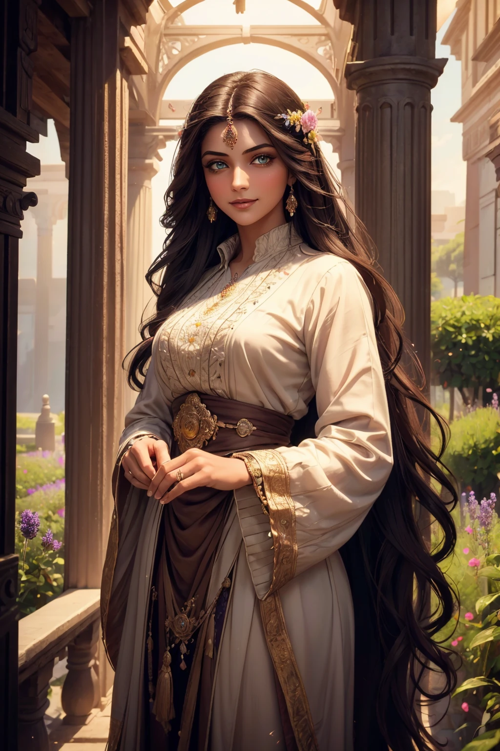 A stunning Indian beauty, with dark brown-black long wavy long hair, with mesmerizing feature with a Hopeful smiling expression, finely detailed eyes, happy mood masterpiece, top quality, best quality, official art, beautiful and aesthetic:1.2), (1girl), extreme detailed,(fractal art:1.3), colorful, highest detailed, (masterpiece, best quality:1.3) 1 bright-green-eyed woman, professional digital painting, Unreal Engine 5. In a 1920 setting, holding lavender flowers at a Lavender flower farm, wearing 1930 style clothing, South-Indian woman, olive-skinned woman, masterpiece, top quality, best quality, official art, beautiful and aesthetic:1.2), (1girl), extreme detailed,(fractal art:1.3), colorful, highest detailed, (masterpiece, best quality:1.3) 1 green-eyed woman, professional digital painting, Unreal Engine 5. Wearing embroidered linen blouse, Wearing long pleated skirt, Wearing Moleskin Field Jacket. Long hair, hopeful expression, finely detailed eyes, smiling, epic scene, epic composition, Cinematic Lighting, Volumetric Lighting, ethereal light, intricate details, extremely detailed volumetric rays. Green Eyes. [Beautiful girl, linen shirt and pants, oil painting, Detailed facial features, Sunlight, bright colors, dramatic lighting, expressive eyes and lips, High Resolution, 4K quality, Photorealistic] 1920 clothing, 1930 clothing, red, orange, yellow, blue, purple, pink,
