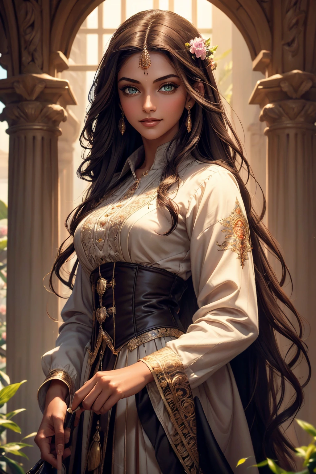 A stunning Indian beauty, with dark brown-black long wavy long hair, with mesmerizing feature with a Hopeful smiling expression, finely detailed eyes, happy mood masterpiece, top quality, best quality, official art, beautiful and aesthetic:1.2), (1girl), extreme detailed,(fractal art:1.3), colorful, highest detailed, (masterpiece, best quality:1.3) 1 bright-green-eyed woman, professional digital painting, Unreal Engine 5. In a 1920 setting, holding lavender flowers at a Lavender flower farm, wearing 1930 style clothing, South-Indian woman, olive-skinned woman, masterpiece, top quality, best quality, official art, beautiful and aesthetic:1.2), (1girl), extreme detailed,(fractal art:1.3), colorful, highest detailed, (masterpiece, best quality:1.3) 1 green-eyed woman, professional digital painting, Unreal Engine 5. Wearing embroidered linen blouse, Wearing long pleated skirt, Wearing Moleskin Field Jacket. Long hair, hopeful expression, finely detailed eyes, smiling, epic scene, epic composition, Cinematic Lighting, Volumetric Lighting, ethereal light, intricate details, extremely detailed volumetric rays. Green Eyes. [Beautiful girl, linen shirt and pants, oil painting, Detailed facial features, Sunlight, bright colors, dramatic lighting, expressive eyes and lips, High Resolution, 4K quality, Photorealistic] 1920 clothing, 1930 clothing, red, orange, yellow, blue, purple, pink,
