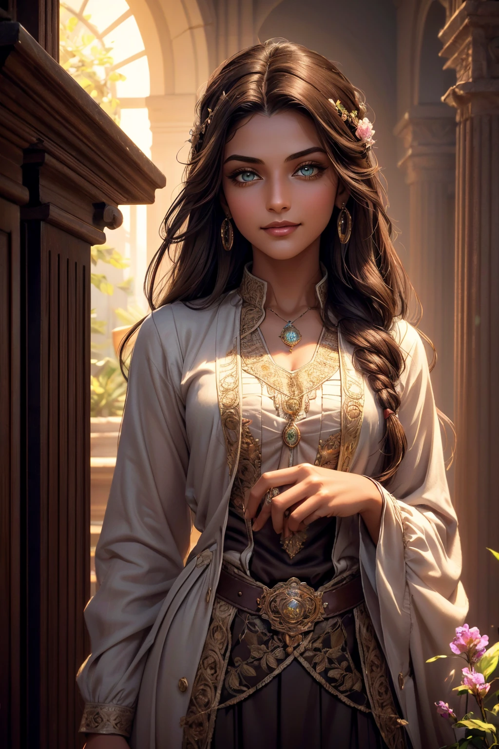 A stunning Indian beauty, with dark brown-black long wavy long hair, with mesmerizing feature with a Hopeful smiling expression, finely detailed eyes, happy mood masterpiece, top quality, best quality, official art, beautiful and aesthetic:1.2), (1girl), extreme detailed,(fractal art:1.3), colorful, highest detailed, (masterpiece, best quality:1.3) 1 bright-green-eyed woman, professional digital painting, Unreal Engine 5. In a 1920 setting, holding lavender flowers at a Lavender flower farm, wearing 1930 style clothing, South-Indian woman, olive-skinned woman, masterpiece, top quality, best quality, official art, beautiful and aesthetic:1.2), (1girl), extreme detailed,(fractal art:1.3), colorful, highest detailed, (masterpiece, best quality:1.3) 1 green-eyed woman, professional digital painting, Unreal Engine 5. Wearing embroidered linen blouse, Wearing long pleated skirt, Wearing Moleskin Field Jacket. Long hair, hopeful expression, finely detailed eyes, smiling, epic scene, epic composition, Cinematic Lighting, Volumetric Lighting, ethereal light, intricate details, extremely detailed volumetric rays. Green Eyes. [Beautiful girl, linen shirt and pants, oil painting, Detailed facial features, Sunlight, bright colors, dramatic lighting, expressive eyes and lips, High Resolution, 4K quality, Photorealistic] 1920 clothing, 1930 clothing, red, orange, yellow, blue, purple, pink,
