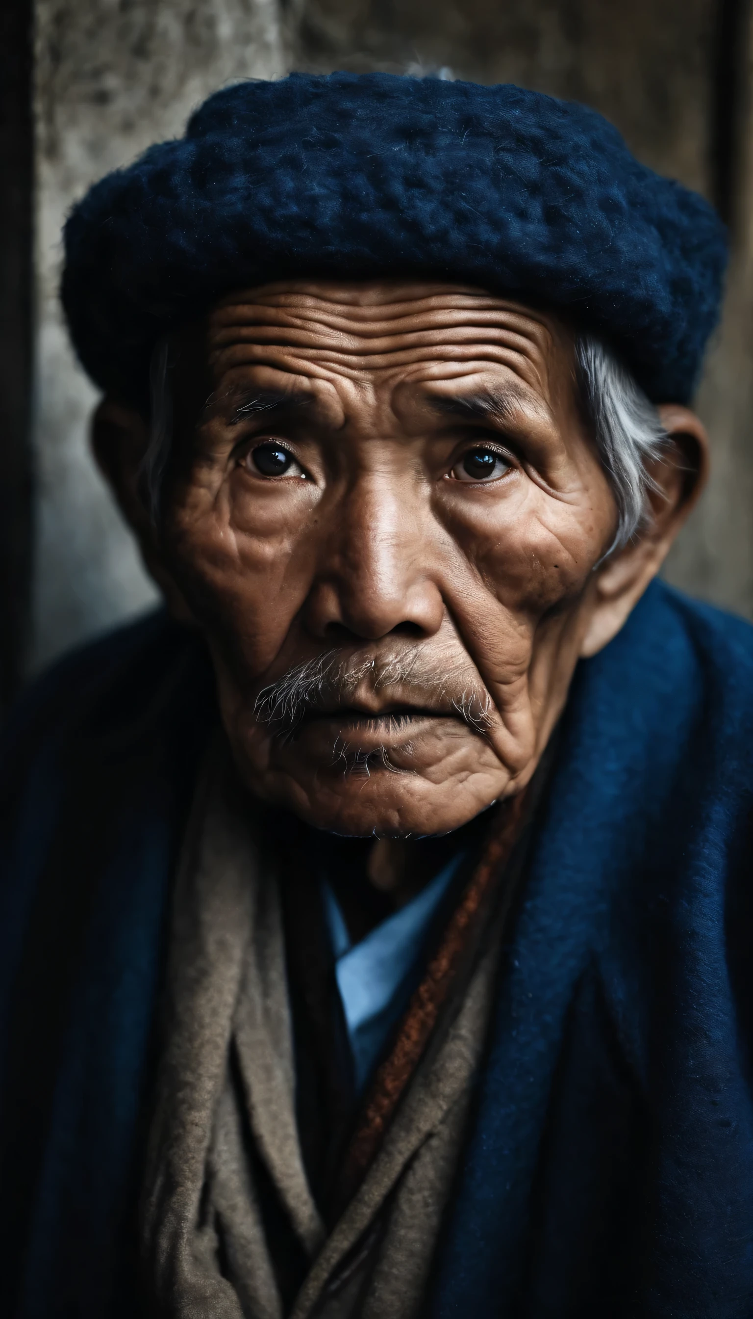 (Steve McCurry style), An old Japanese man, wrinkled, sad and homeless ((wearing a blue wool coat)), (melancholy), 1woman, solo, straight black hair and hairstyle, very detailed face, beautiful eyes, [chubby], adorable, with bright eyes, sad eyes, bitter, (Rembrandt Lighting), zeiss lens, ultra realistic, (highly detailed skin: 1.2), 8k uhd, dslr, Dramatic Kidney light,  high quality, Fujifilm XT3,