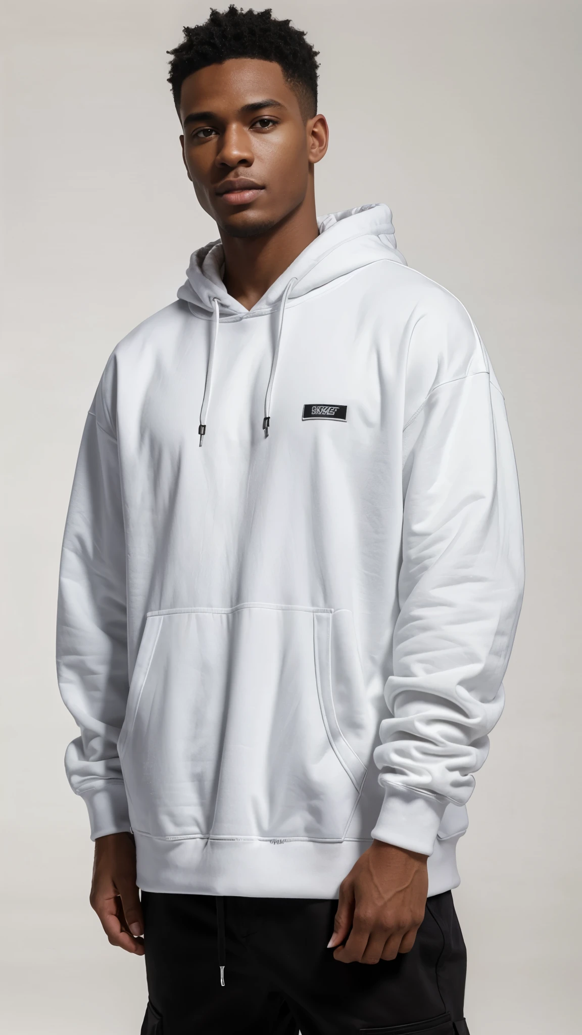 Produce a visually stunning and hyper-realistic banner image with top-notch quality, utilizing high-resolution, high-contrast studio lighting techniques. Ensure a zoomed-out perspective that captures the entirety of a hip-hop star handsome black male model prominently showcasing a solid white fleece oversized baggy hoodie. The hoodie should lack drawstrings on the hood for a sleek appearance. The clothing aspect should be emphasized with a 1.1 magnification, and the overall image should maintain a photorealistic enhancement at a factor of 1.37. Employ a white background and flat surface setting to emphasize the hoodie's design, ensuring it pops with a solid white color. Pay meticulous attention to full skin details on the model to enhance the realistic aesthetic. The final output should be in 4K resolution and tailored specifically for a streetwear store front banner, meeting the highest standards of quality and appeal, front shoot.