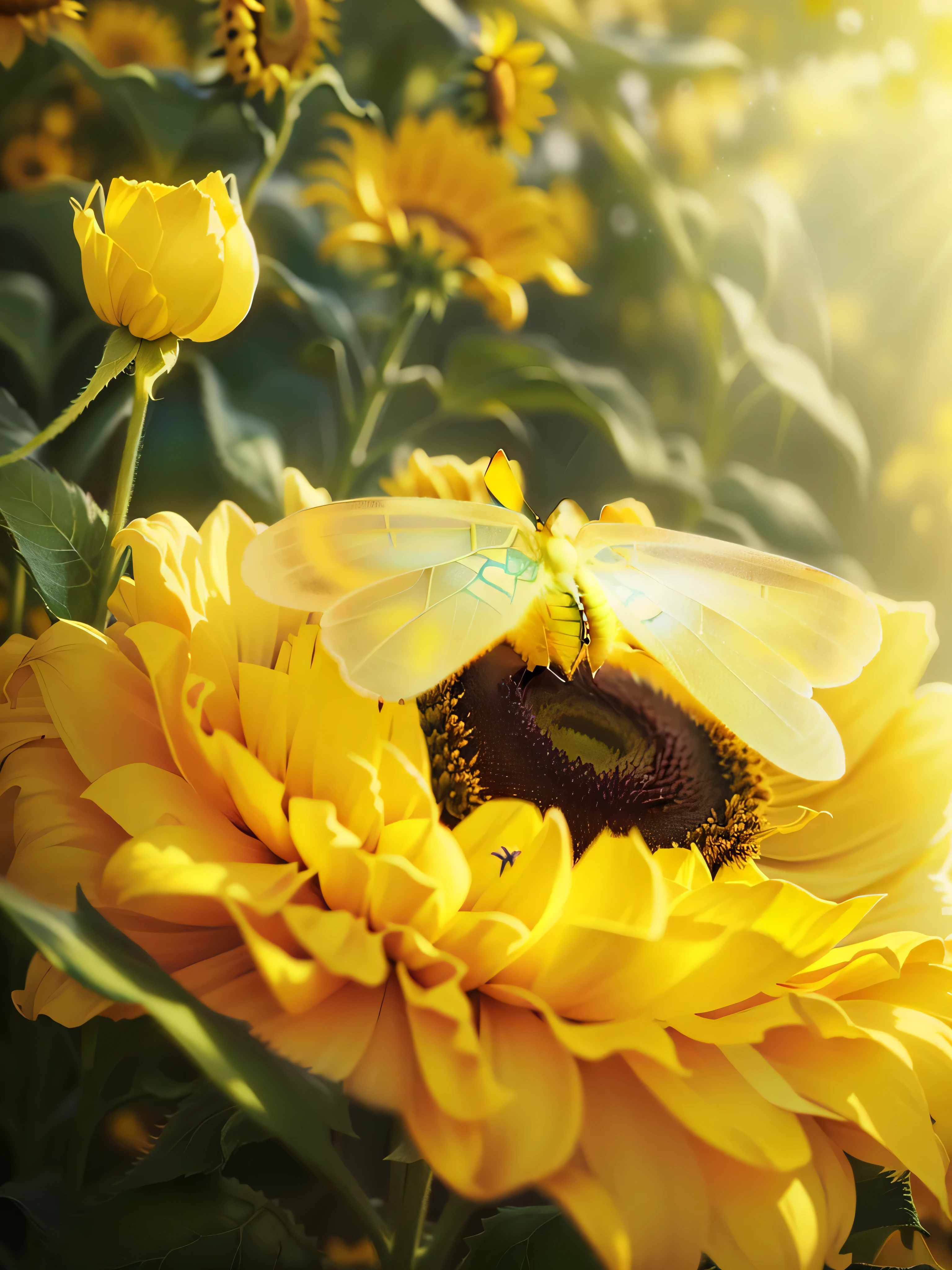 A butterfly sits on a yellow flower on a green background, color: yellow sunflowers, color : yellow sunflowers, sunflower background, yellow sunshine, flowers and butterflies, Yellow butterfly, butterflies and sunshine, summer morning light, sunflower flower, yellow light magic, Shade of yellow, Sunny amber morning light, theme, sunny morning, sunny atmosfhere