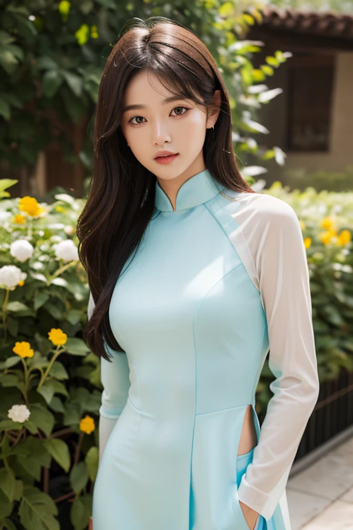 (highest quality, masterpiece:1.4), (realism:1.2), (Realistic:1.2), (disorganized:1.2), (realistic:1.3), 1 girl,realistic skin,alone,( very big eyes,detailed and beautiful eyes, symmetrical eyes,), bangs,Yellow Ao Dai,slim waist ,side split,garden,sunlight,flowers,