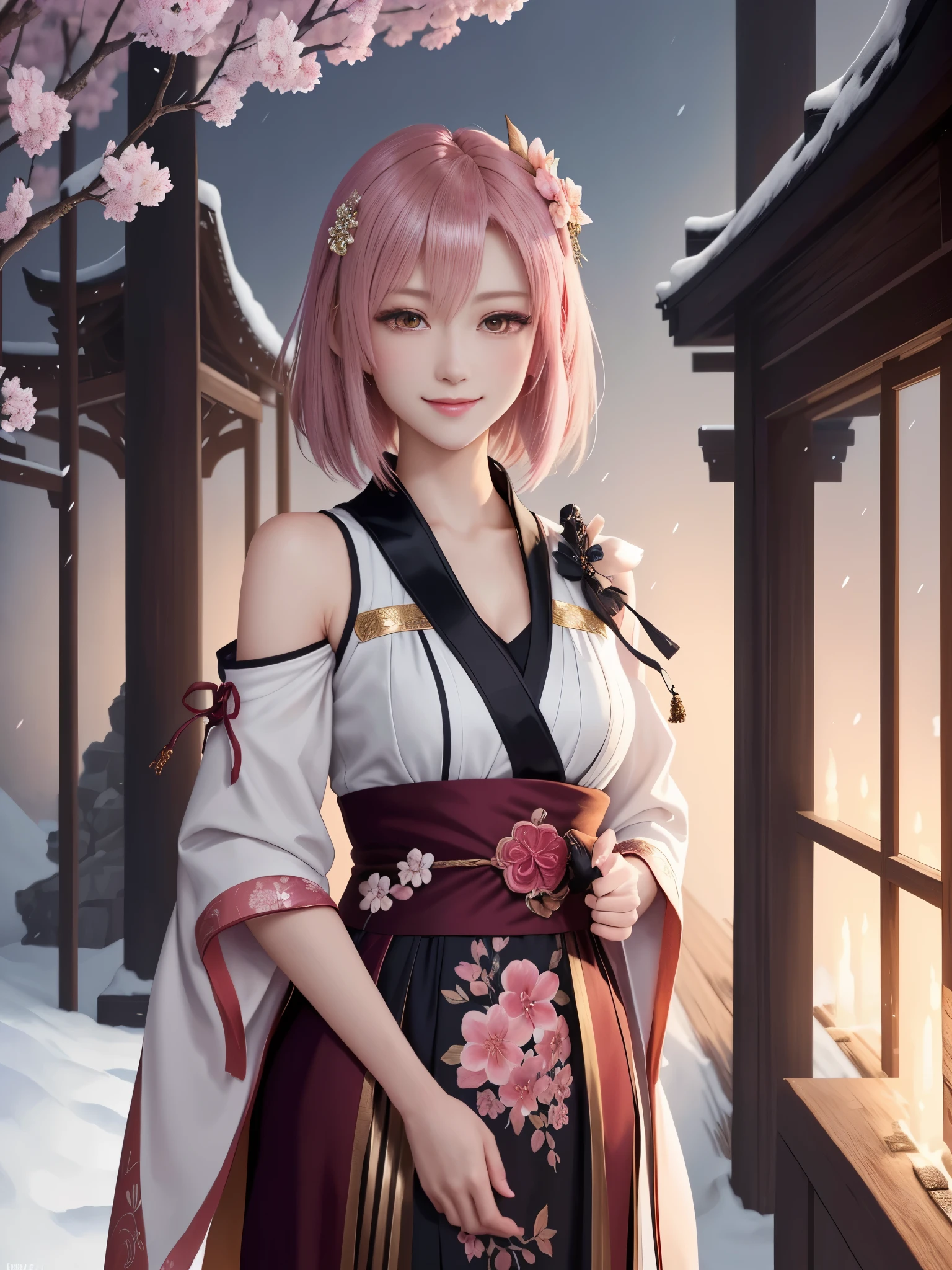 masterpiece , best quality,smile,smile,small face,shoulder exposure,less cleavage exposure,light pink hair,slender body shape,brown eyes,sharp contrast,short hair,Beautiful short hair,Berry Short,short cut hair,just one person,precision quality,Faithfully reproduced eyes, The surroundings are shining gold,一面に咲くcherry blossom background,snow scene,masterpiece, 幻想的なcherry blossom background,night,nightの背景,cherry blossom background,beautiful details, colorful, delicate details, delicate lips, intricate details, genuine, ultrargenuineista, 枝に座っている色とりどりの髪のFoxを持つ女の子:Mature, bright eyes, ,色とりどりのFox, raposa de nine tails, 三尾Fox, 三尾Fox, onmyoji detail art, beautiful fine art illustration, mythical creatures, Fox, beautiful digital art,shrine maiden,hold hands,exquisite digital illustration, mizutsune, Inspired by mythical wild web creatures, pixiv in digital art, shining light, high contrast, Mysterious,