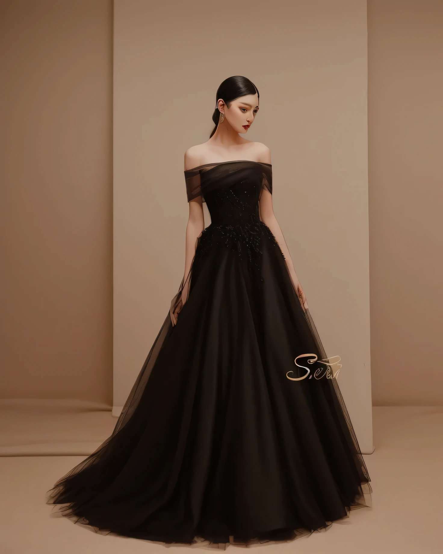 ((highest quality、table top、8k、best image quality、The most extravagant black A-line wedding dress:1.3)、(black dress:1.3)、(solo shot), (the most gorgeous and majestic goddess:1.3)、(Please look at me、bewitching smile、long eyelashes、perfect makeup、lipstick、slight smile)、(perfect anatomy:1.2)、(blurry distant view:1.2)、(portrait photography:1.3)、great movie lighting、(romantic mood night:1.1)、(Obscene mood 1.1),(simple background)
